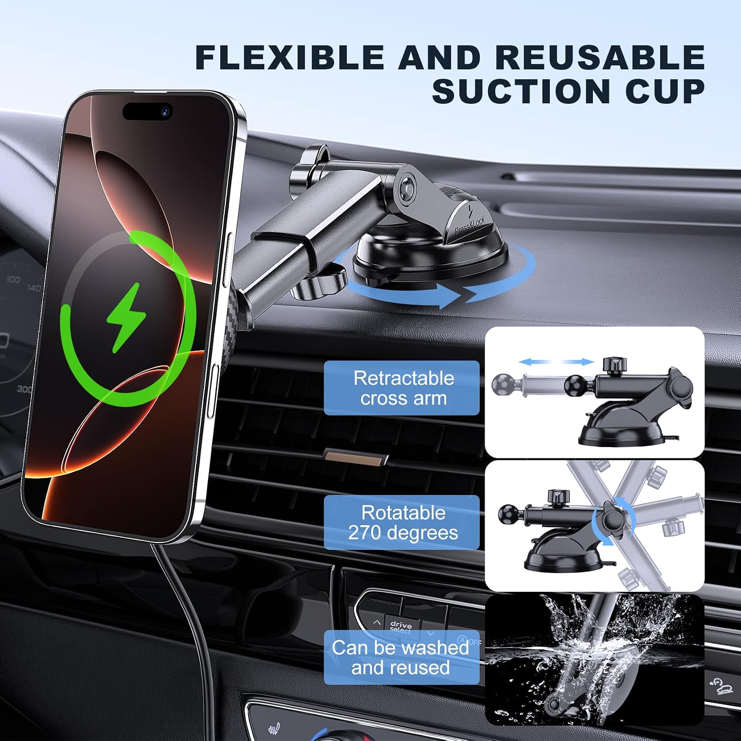 Detalle de MOKPR MagSafe Car Mount Charger 15W – 3-in-1 Magnetic Phone Holder with 360° Pivot (Carbon Fiber)