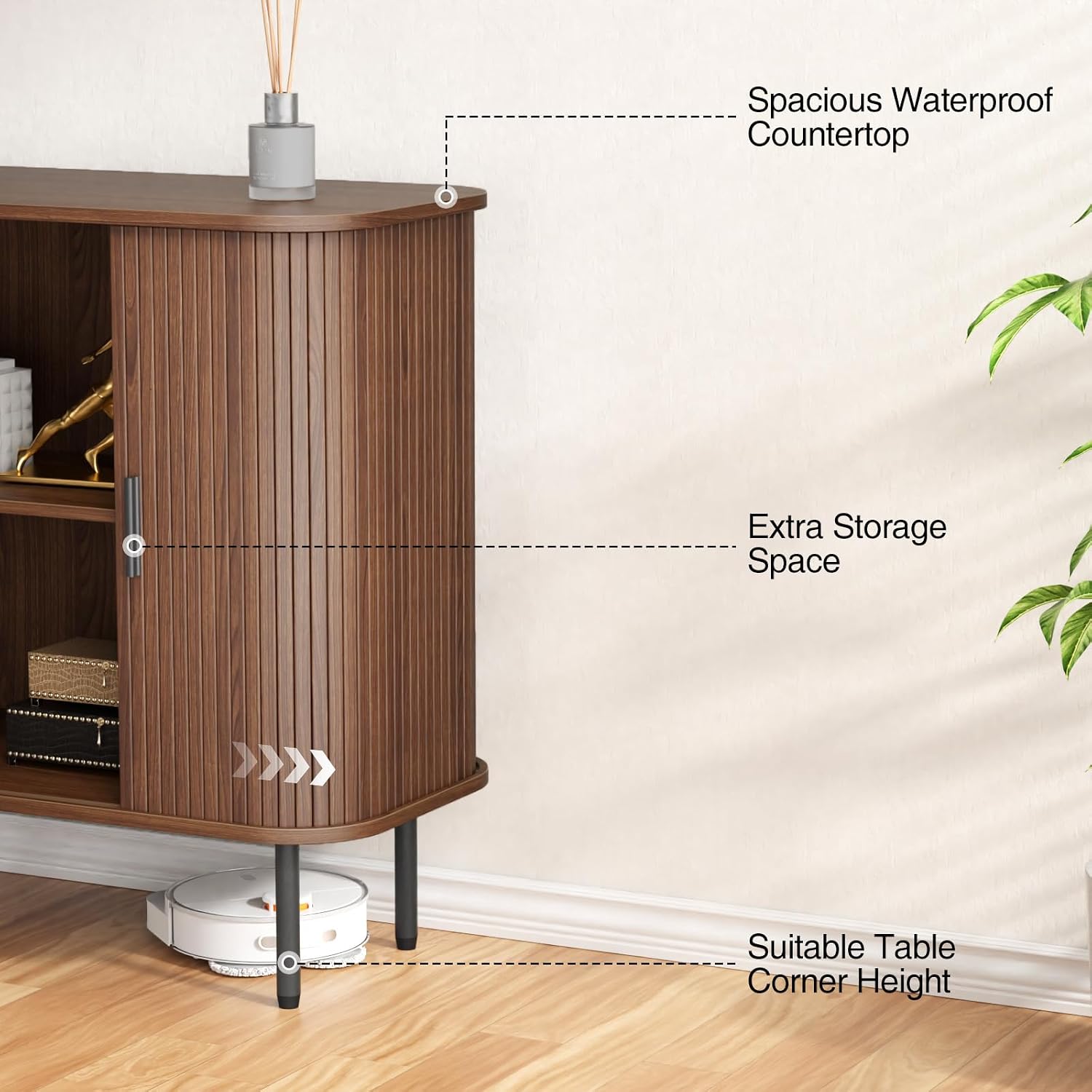 Thumbnail 6 de BonVache J1S0011 Fluted Sideboard Cabinet, Walnut, Sliding Doors