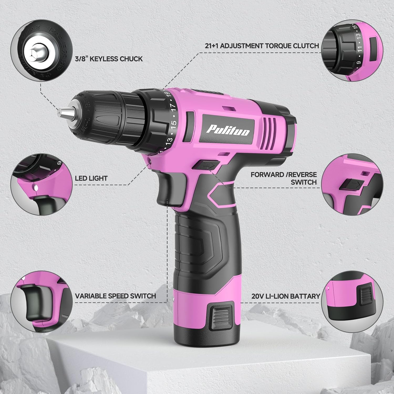 Detalle de PULITUO 7212Set-Pink 149-Piece Tool Set with 12V Cordless Drill