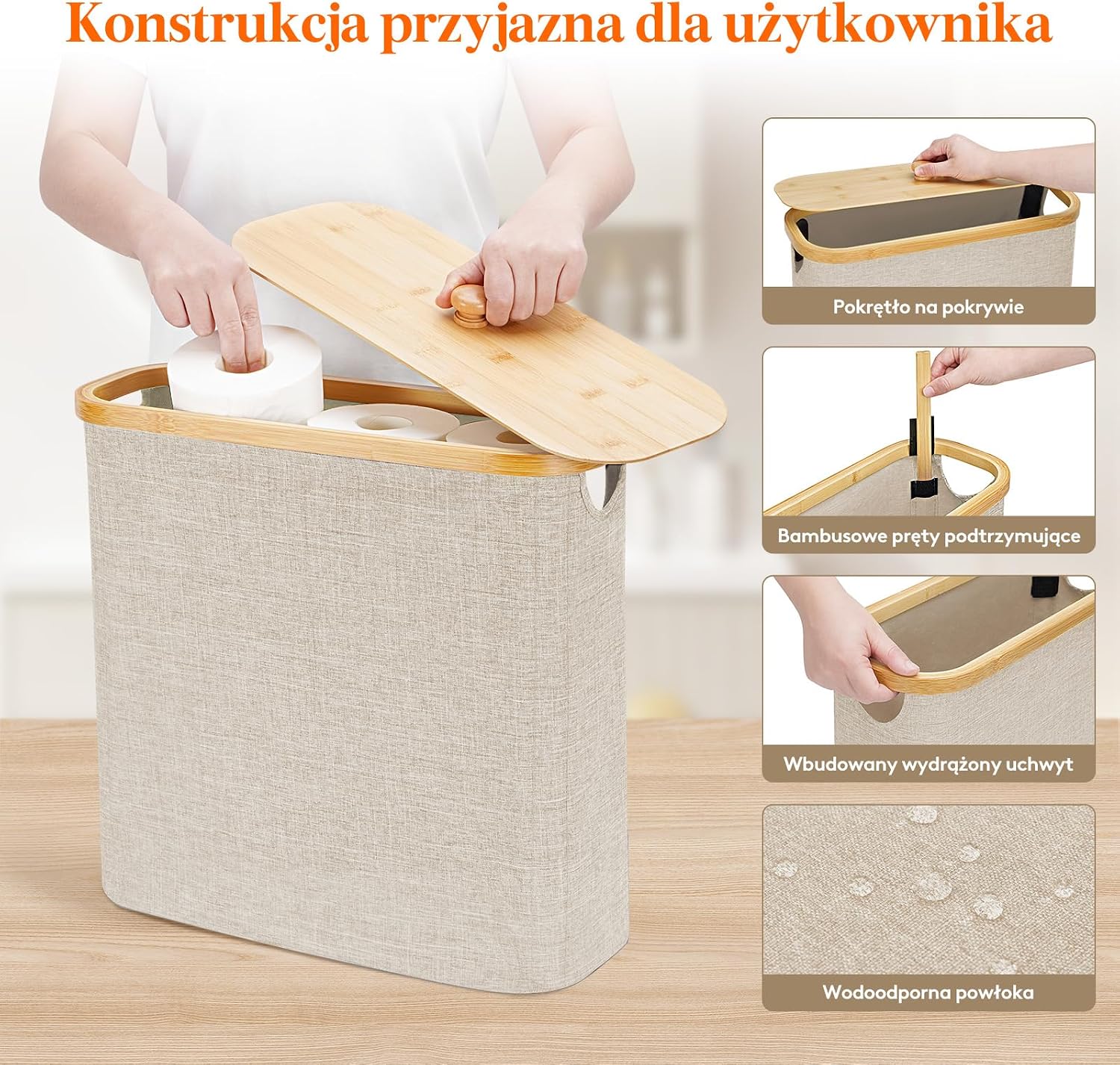 Detalle 2 de Lifewit 23225 – beżowy pojemnik na papier toaletowy 30 l z bambusową pokrywą