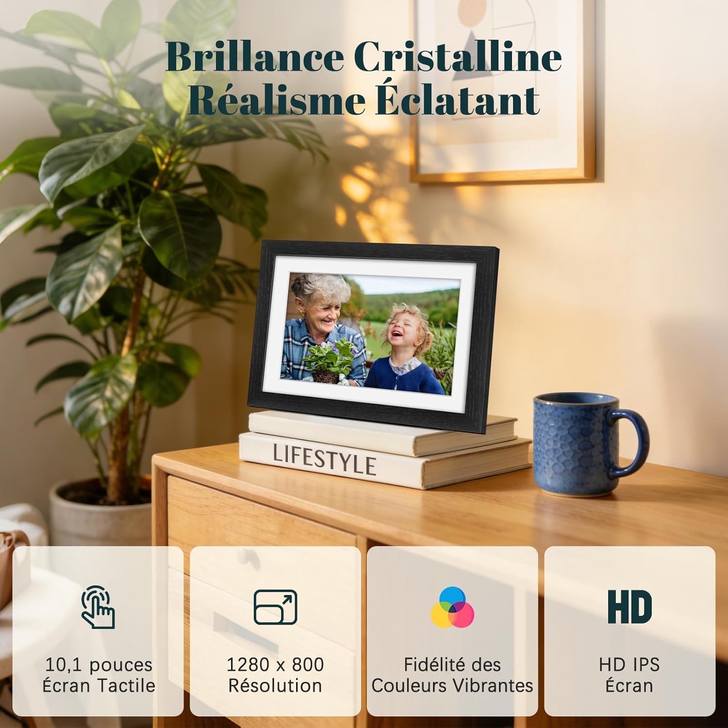 Thumbnail 2 de Frameo Cadre photo numérique WiFi 10,1 pouces en bois de chêne – écran tactile IPS, 32 GB