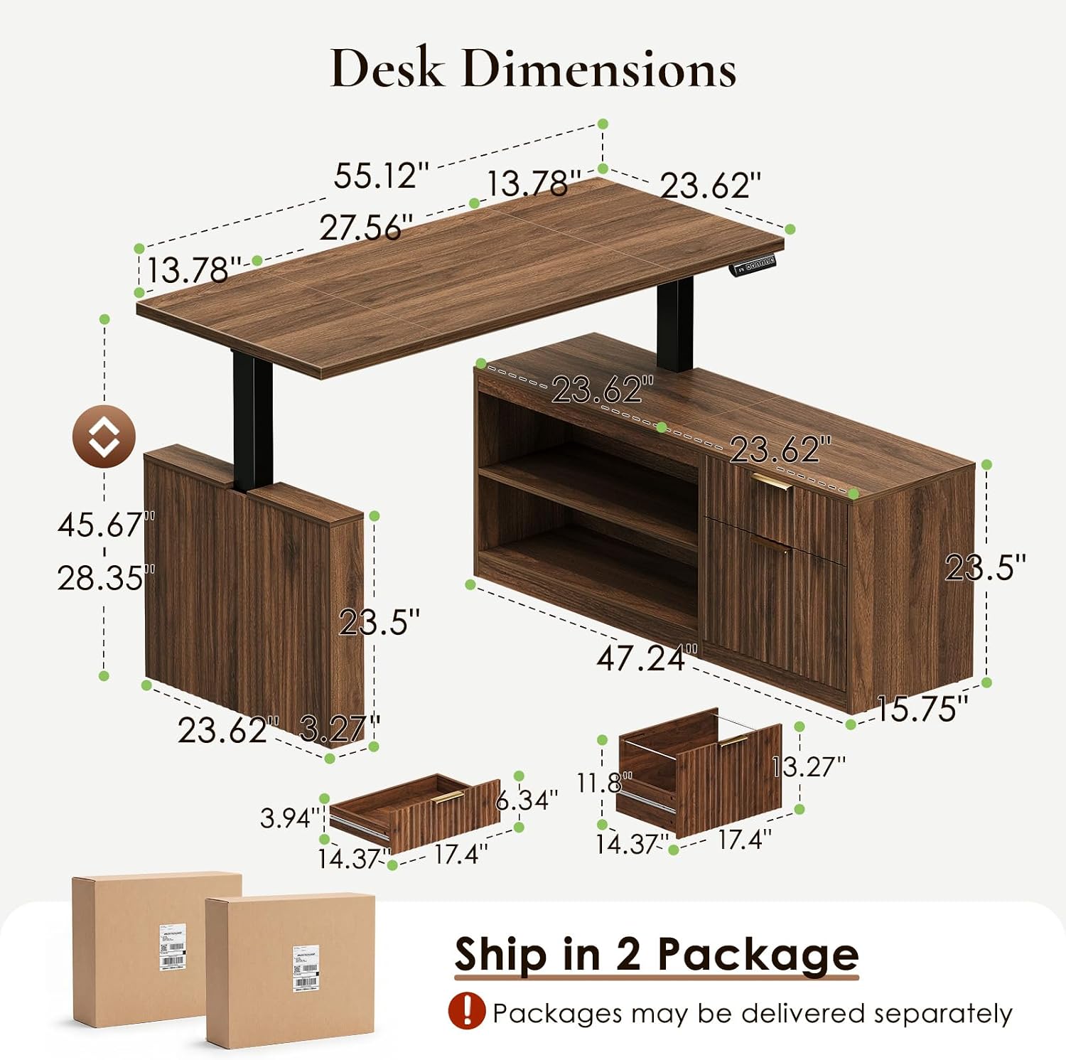 Detalle 2 de OffiGo 55-Inch L-Shaped Electric Standing Desk, Reversible Walnut, 1-Inch Top
