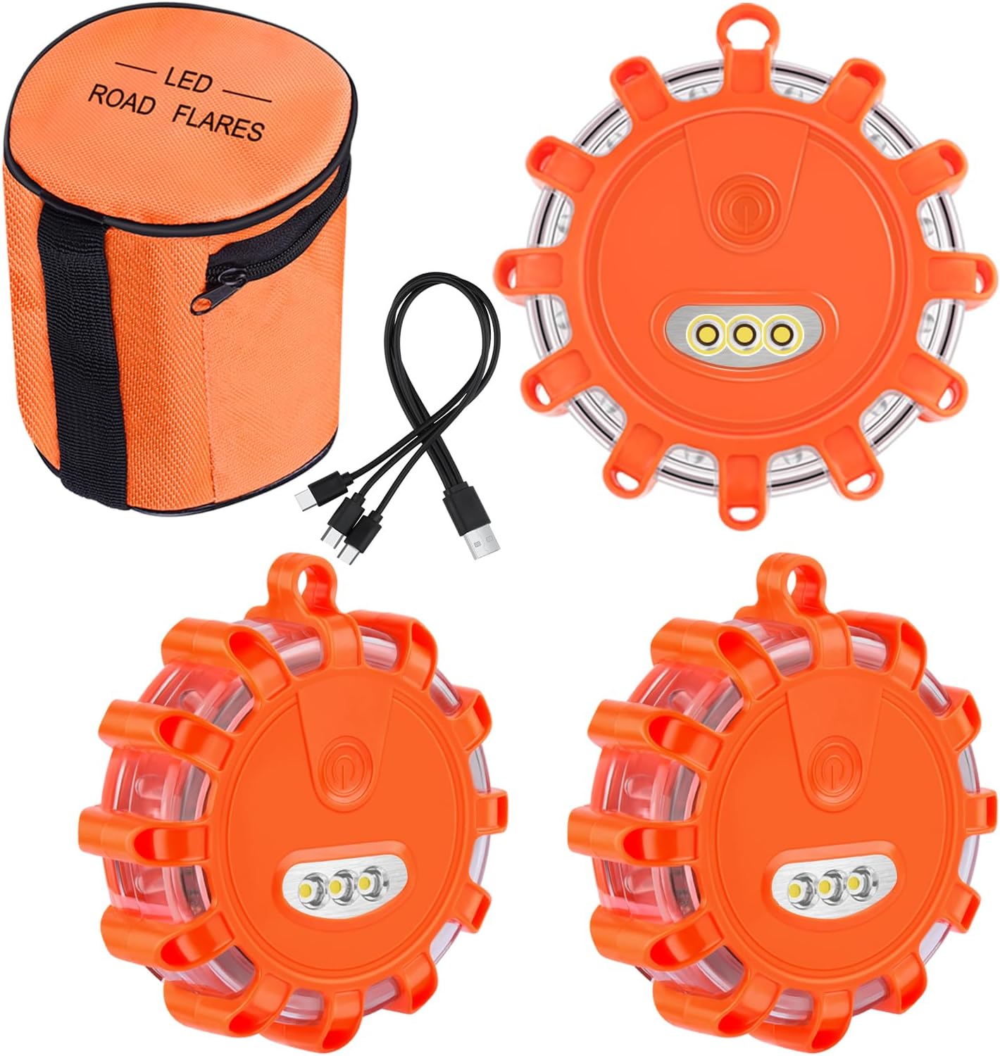 USB-C Rechargeable LED Road Flares Emergency Lights with Magnetic Base (3-Pack) — USB C Rechargeable Road Flares Kit
