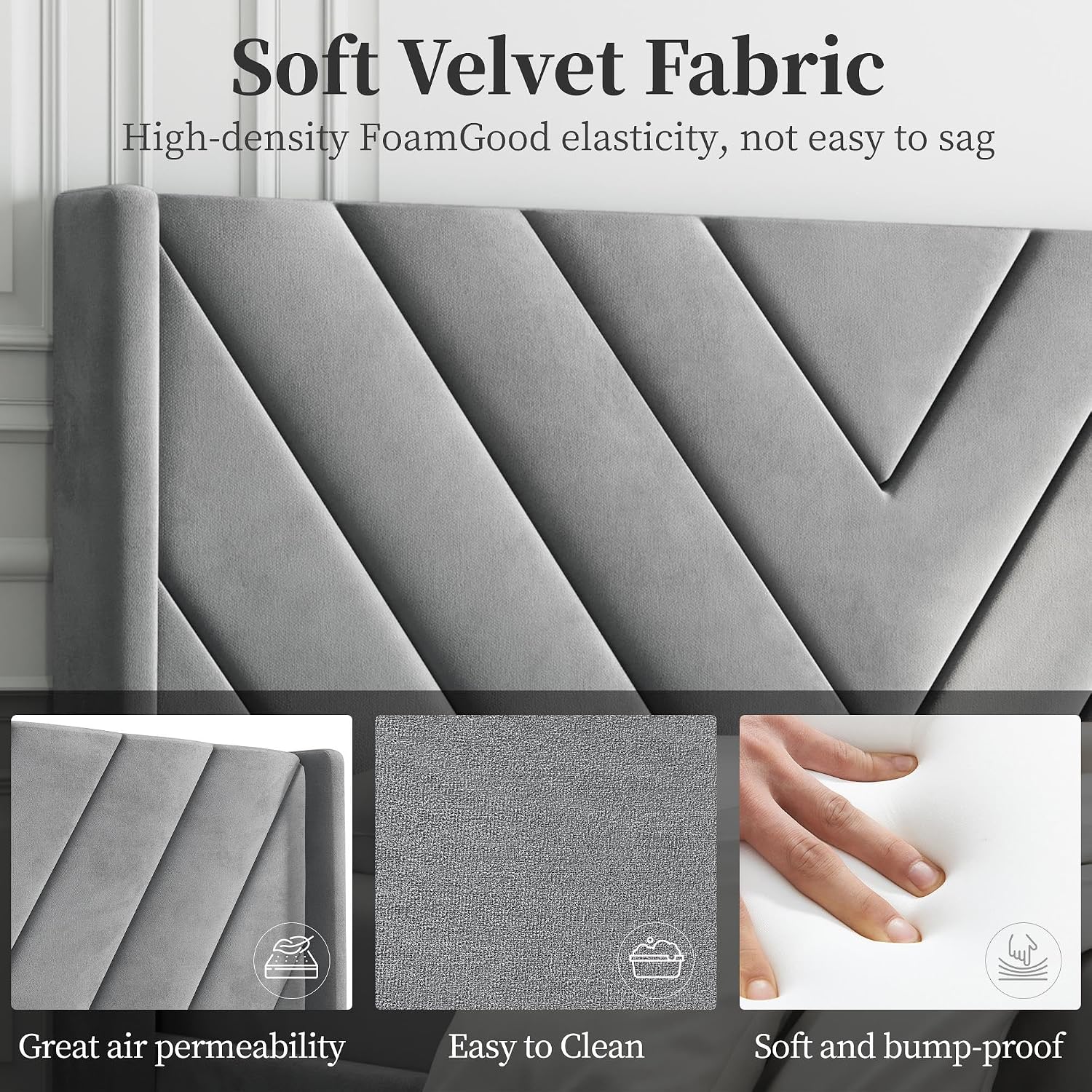 Detalle de Yaheetech YT-00131579-001 Full Bed Frame, Light Gray Velvet Chevron Headboard