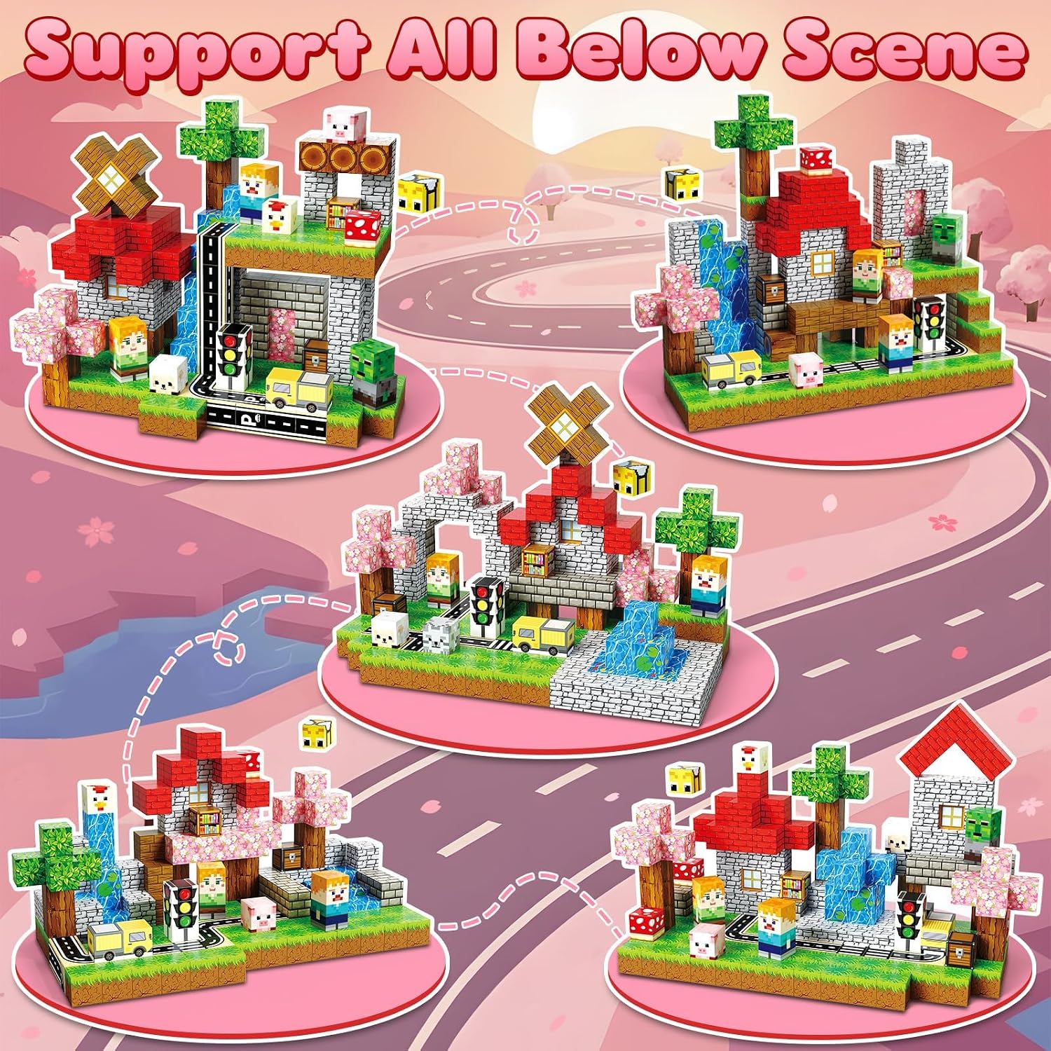 Detalle de Magnetic Blocks 200PCS – Pink Sakura Traffic 0.8in for Kids 3+
