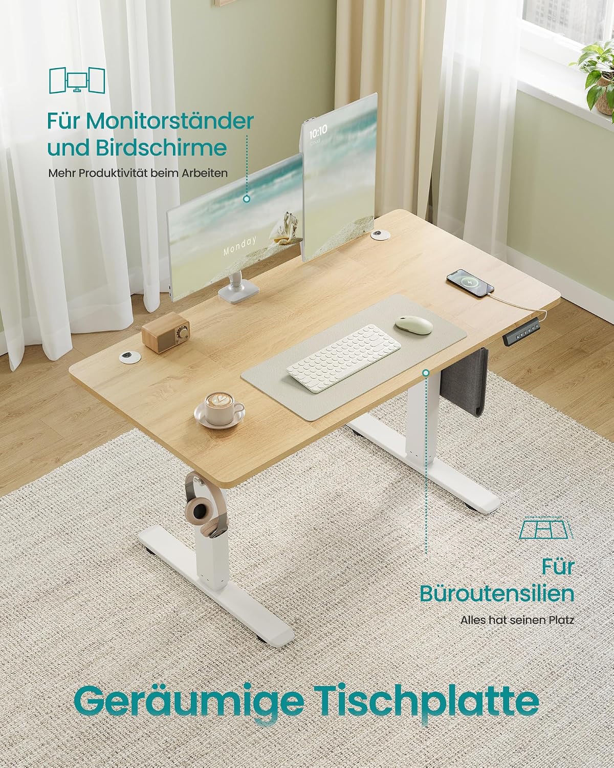 Detalle de SONGMICS elektrisch höhenverstellbarer Schreibtisch LSD015W02, 120 x 60 cm stufenlos, mit Memory-Funktion
