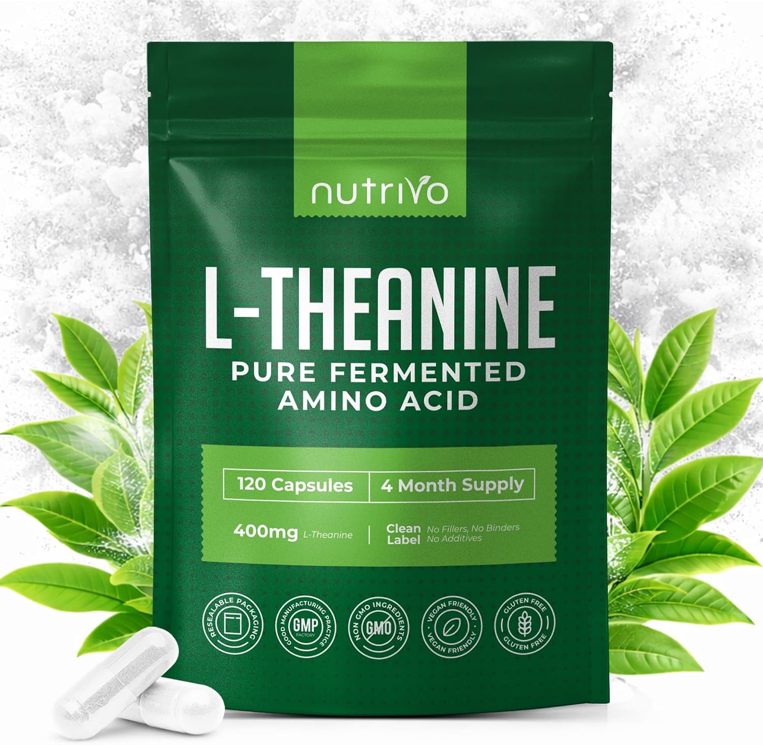 Detalle de Nutrivo L Theanine 400mg | 120 Vegan Capsules – UK Made 4-Month Supply