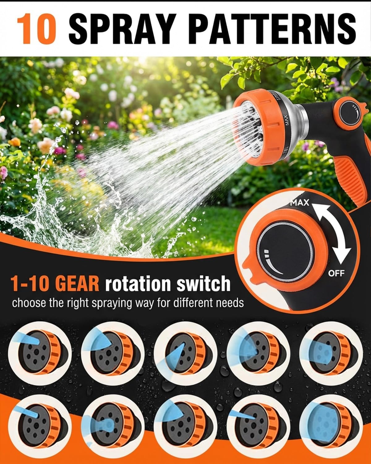 Detalle de Garden Hose Pipe, 30M Expandable 100ft with 10-Function Spray Nozzle and Hands-Free Gun