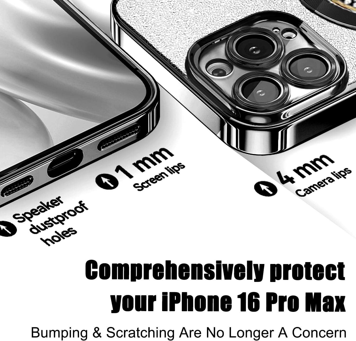 Detalle de Misscase Magnetic Glitter Case for iPhone 16 Pro Max – Full Protection with Camera Lens Protector