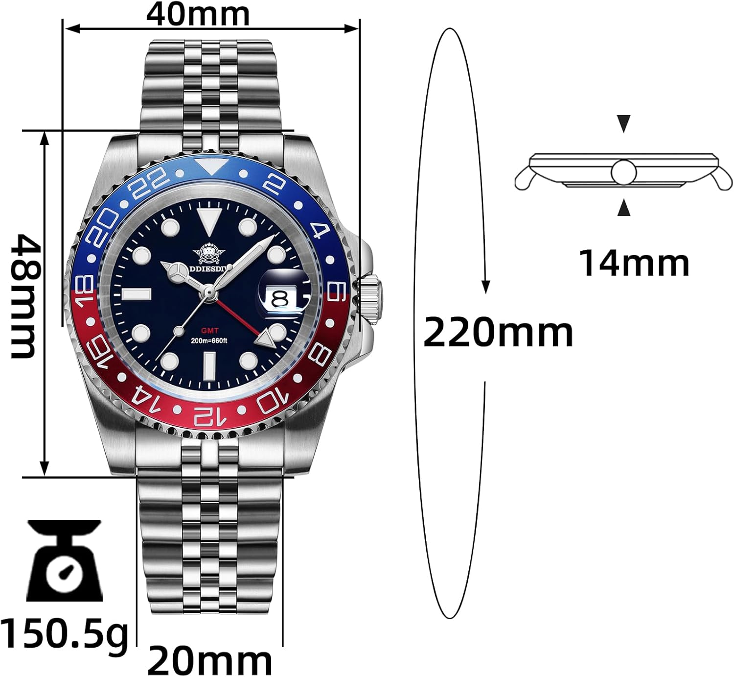 Detalle de ADDIESDIVE GMT Orologio da Uomo Diver 200M, Quarzo Svizzero 515-24H, Acciaio Inossidabile, GMT a Doppel Zeitzone