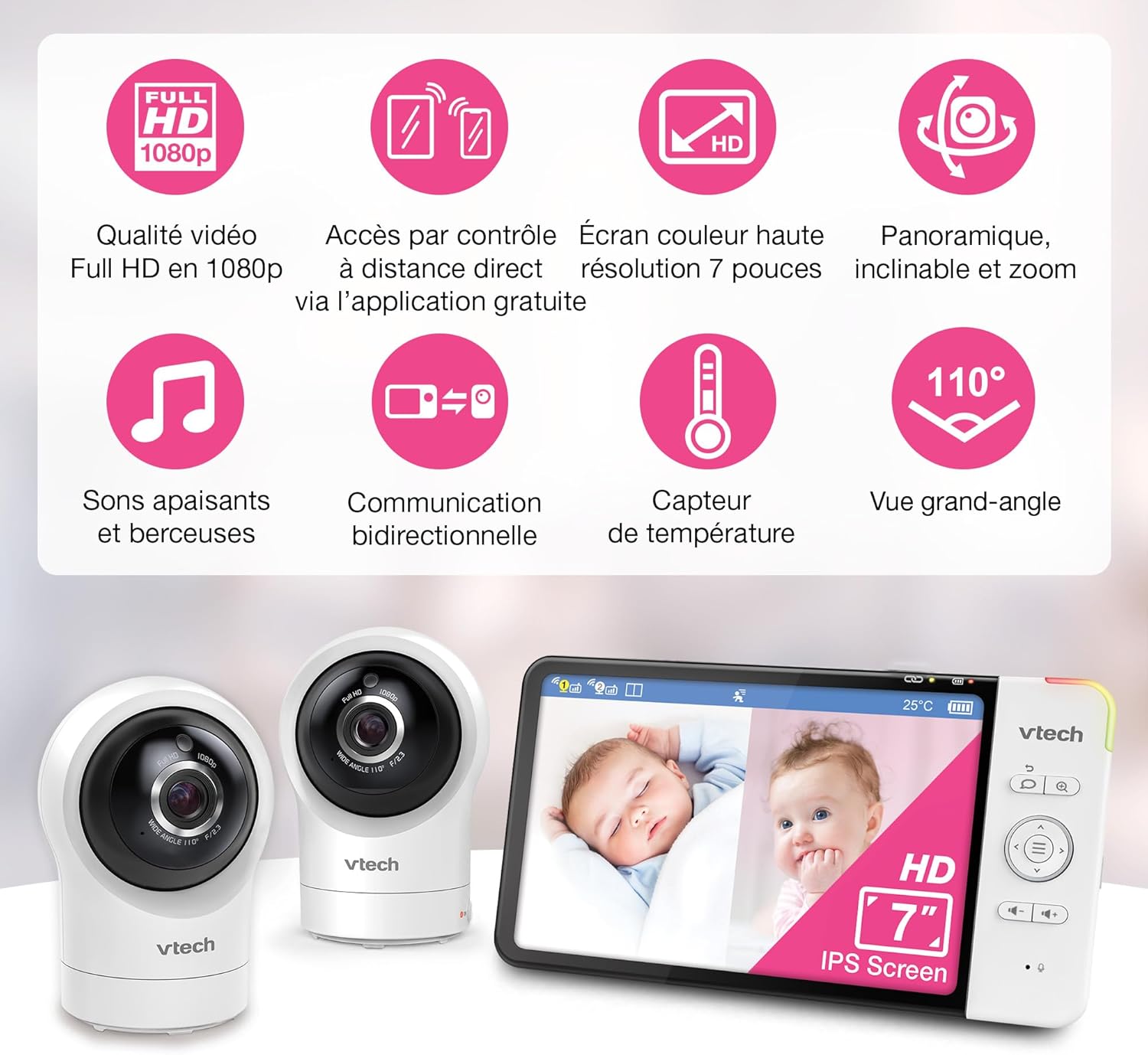 Thumbnail 1 de VTech RM7764-2HD : moniteur bébé intelligent Wi‑Fi avec 2 caméras et écran HD 7 pouces