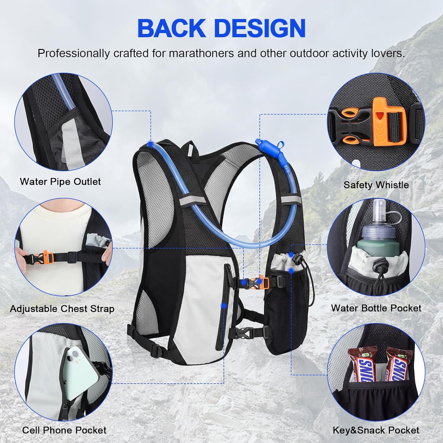 Detalle de KUYOU Running Hydration Vest (2L Hydration Bladder) Lightweight Insulated Water Backpack for Running, Hiking, Cycling