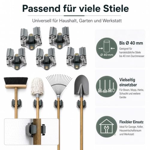Detalle de WilTec Jeu de 5 Accroche-balai mural en acier – râtelier mural pour outils de nettoyage et jardinage