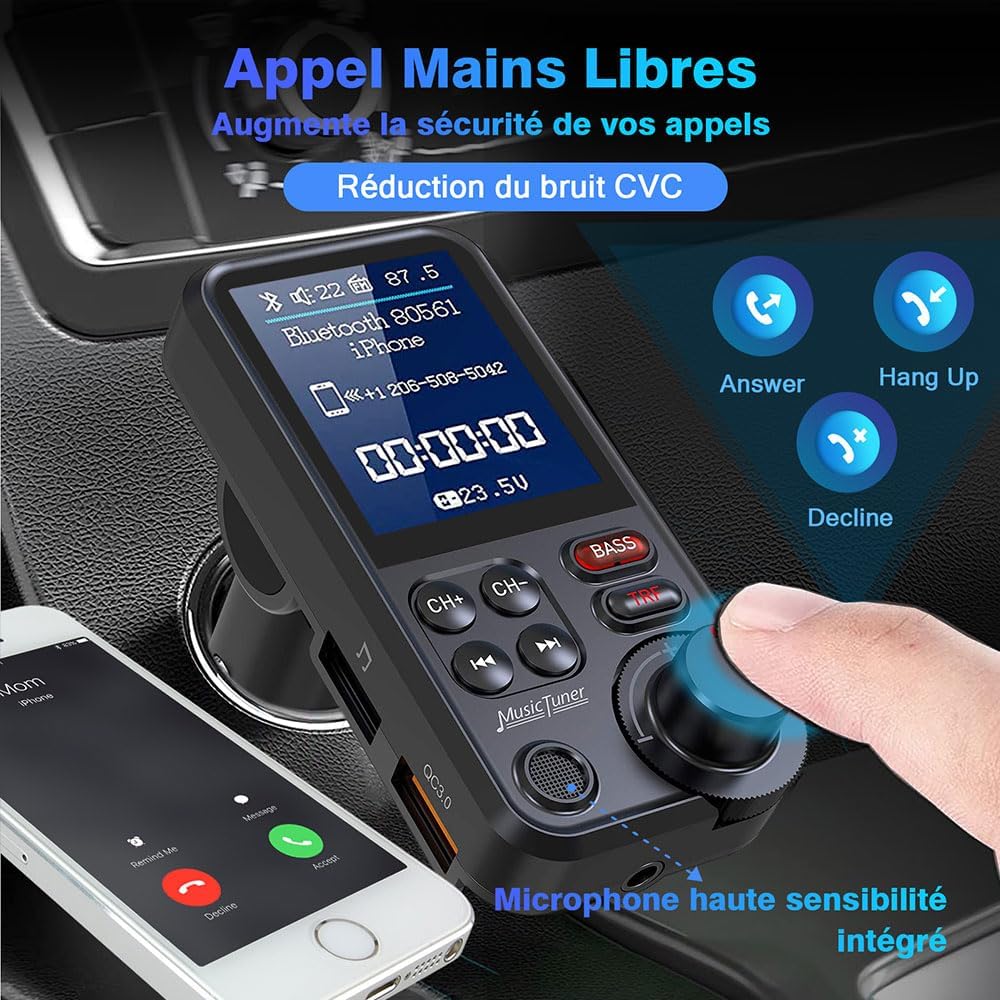 Detalle de GizmoVine Transmetteur Bluetooth Voiture – Allume-cigare, USB QC3.0 et Écran couleur 4,5 cm