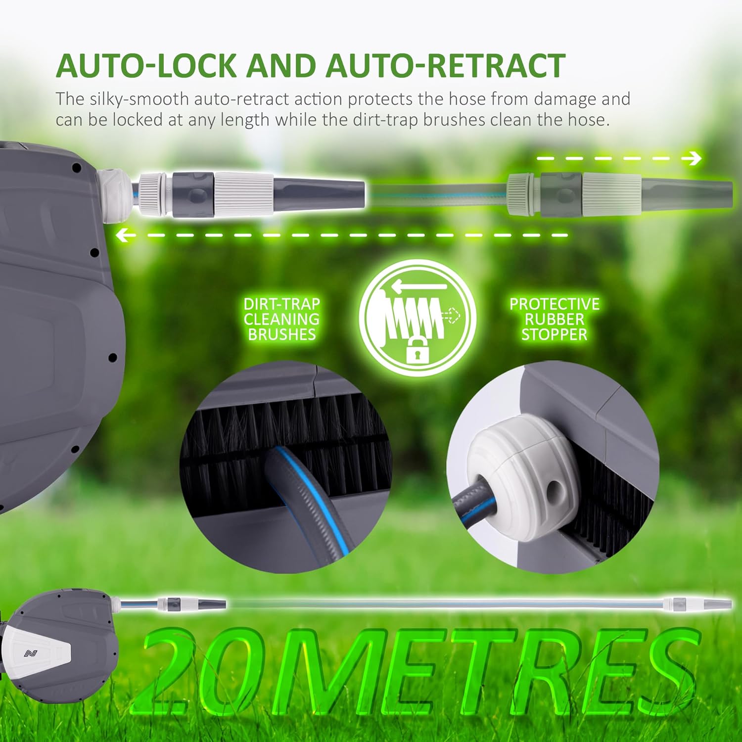 Thumbnail 4 de NETTA Hose Reel 20m – Wall Mounted with Auto Rewind, 180° Swivel and 9-Function Spray Gun