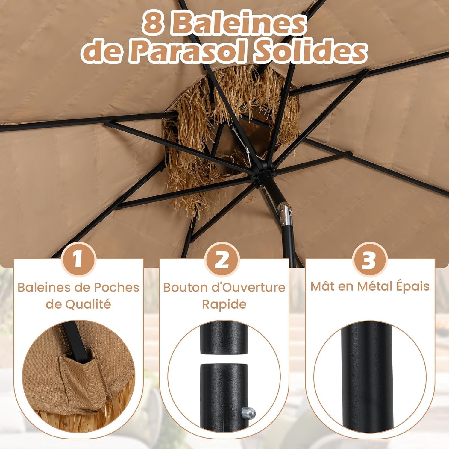 Thumbnail 5 de GOPLUS parasol 3 m en paille PE style hawaïen à double toit inclinable 30°