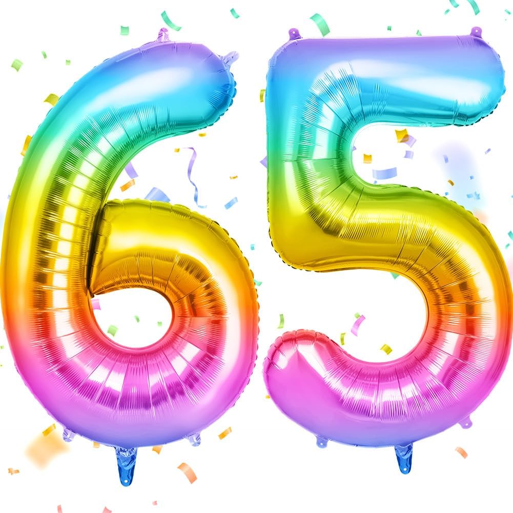OFFCUP Ballon d'Anniversaire 65 Ans Arc-en-ciel — BallonFoil 101 cm, réutilisable et auto-scellant