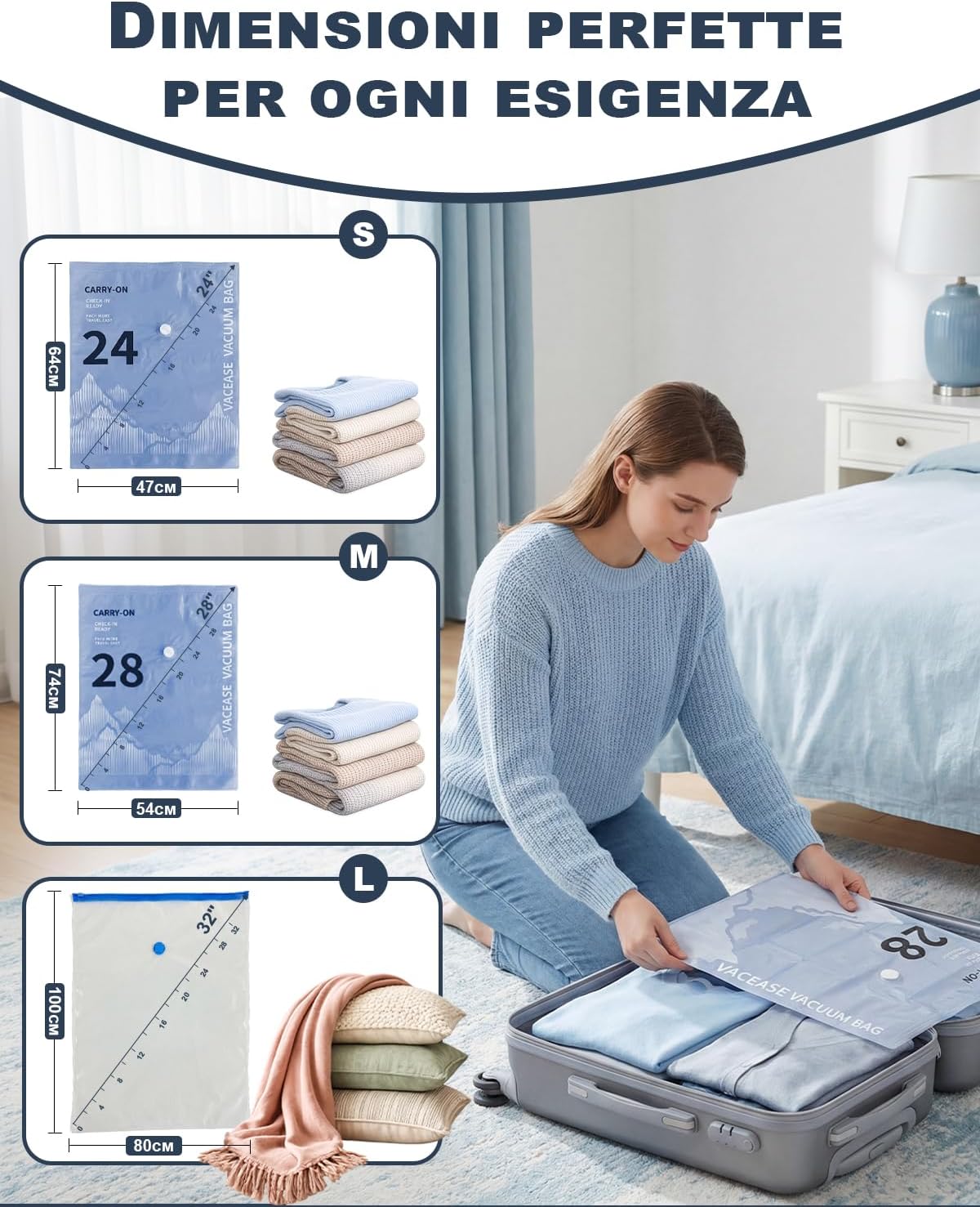 Detalle 2 de Raplink Sacchetti Sottovuoto Vestiti con Pompa Elettrica – 12 Buste (4x100x80, 4x74x54, 4x64x47) per Viaggi, Traslochi e Stoccaggio