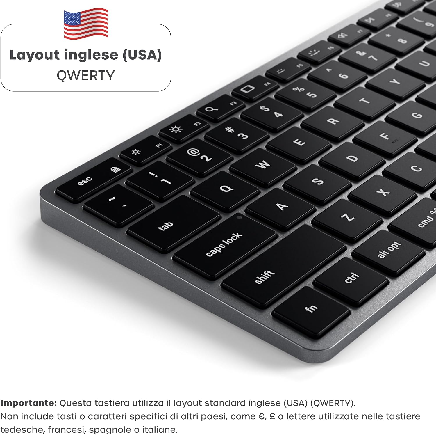 Detalle de Satechi Tastiera Wireless Slim X2 QWERTY US Bluetooth con tastierino numerico, retroilluminata e ricaricabile (per Mac, Windows e Android) – Grigio