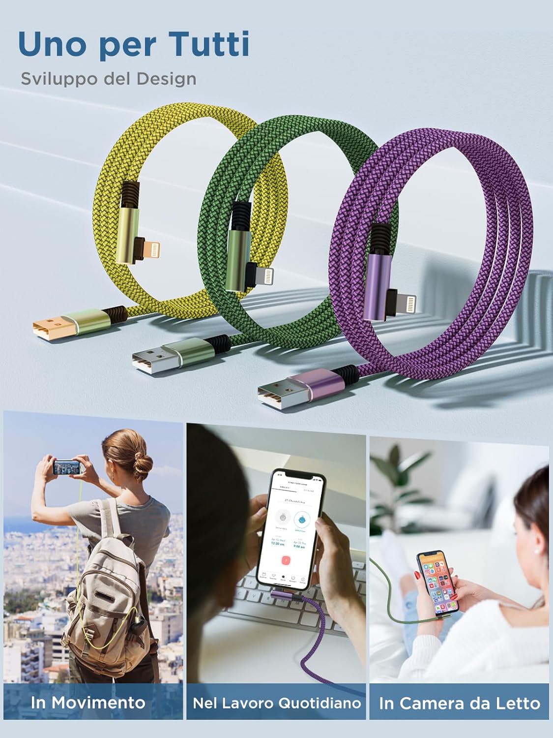 Thumbnail 6 de Cavo iPhone con Angolo Retto 90° da 2 m - Cavo Lightning MFi, Nylon, 2 pezzi