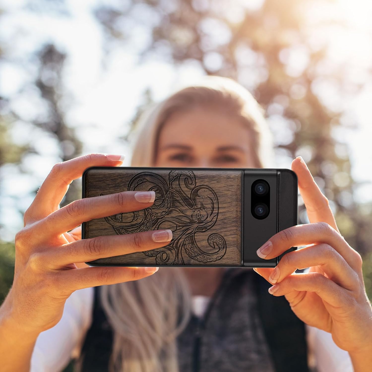 Thumbnail 5 de Carveit Wood Case for Pixel 8a — Natural Wood & Black Soft TPU, Walnut Octopus Engraving