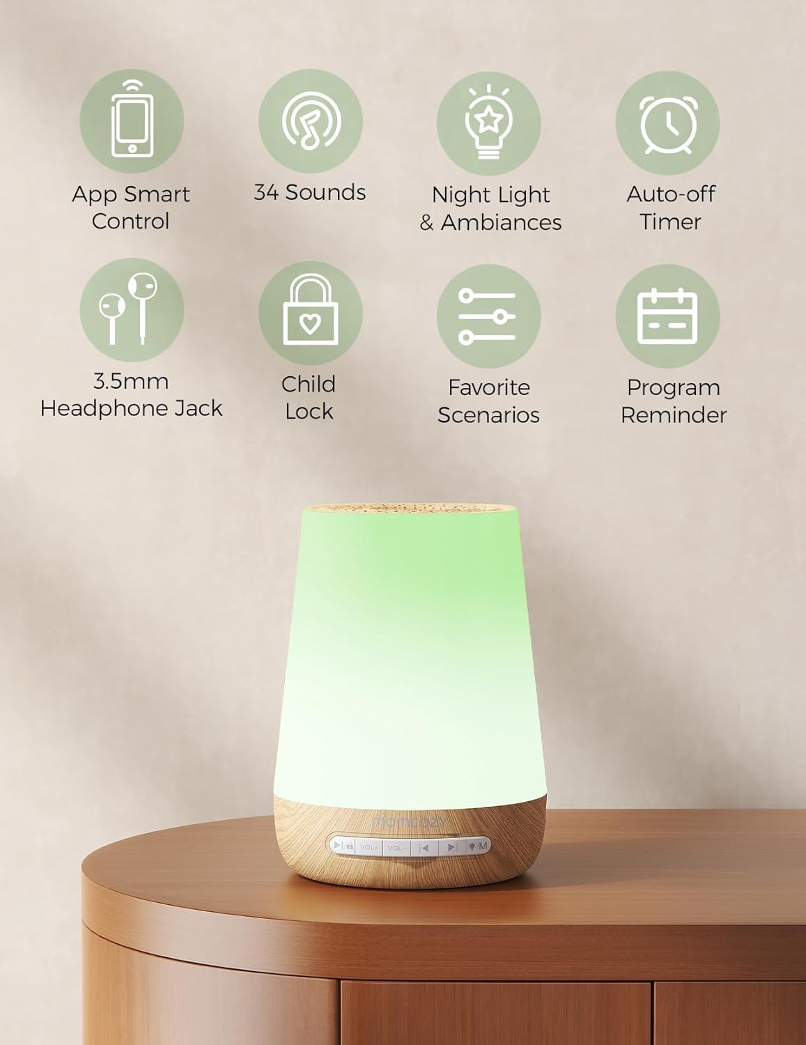 Thumbnail 1 de Momcozy Baby Sound Machine with Night Light (Wood Grain) – 34 Sounds, App Control, and Sleep Routine