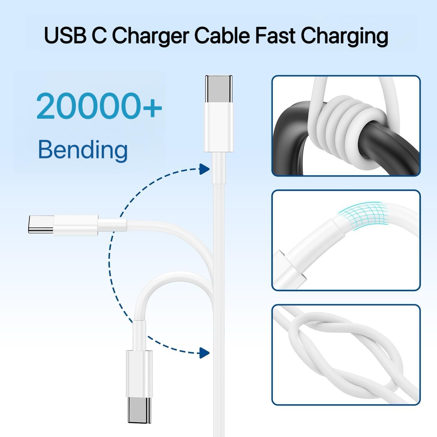 Detalle de Long USB C to USB C Cable 3M, 2 Pack – 60W PD Fast Charging & 480Mbps Data with Type C to C Lead