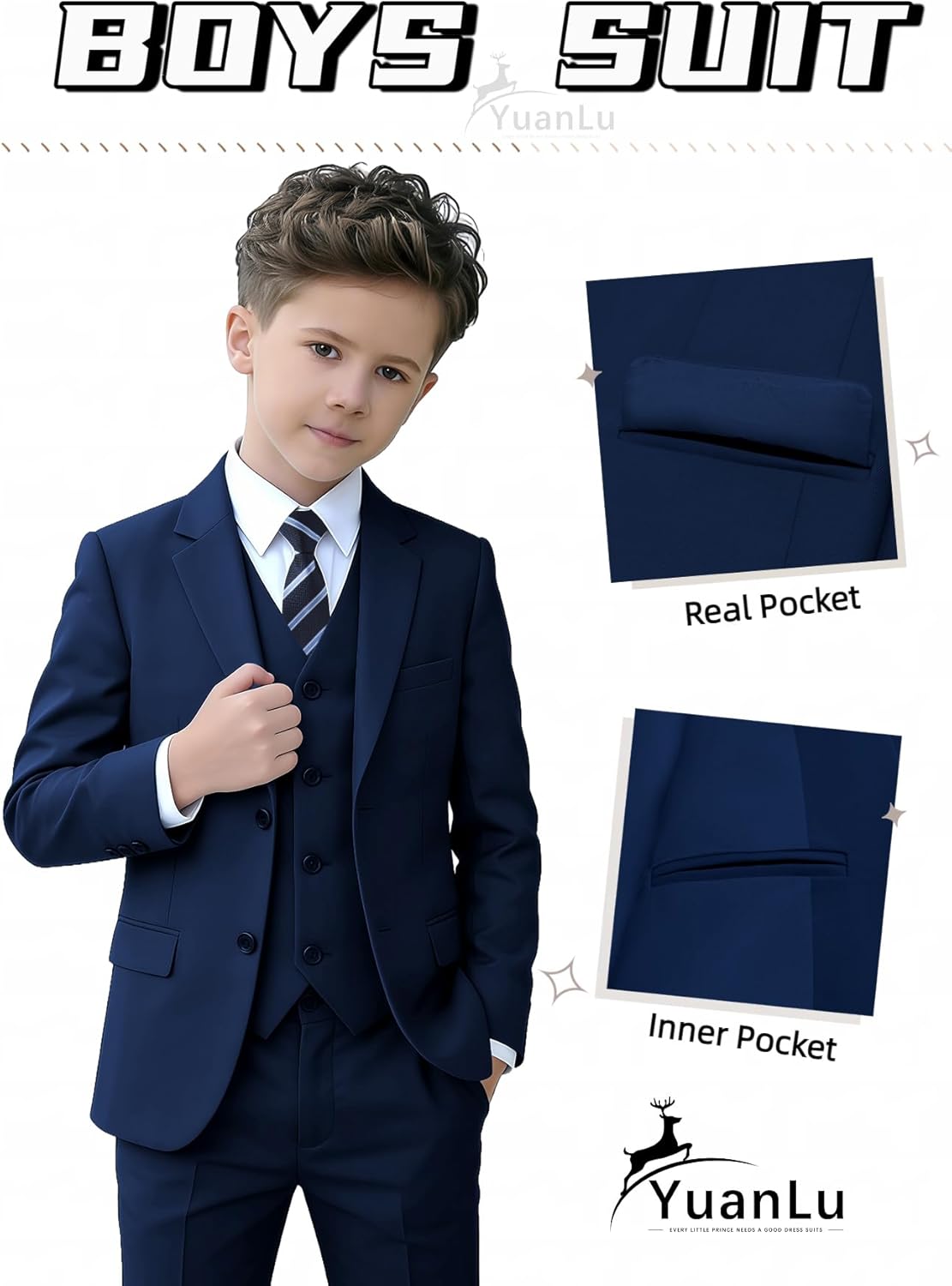 Thumbnail 2 de YuanLu Boys Navy Suit for Kids (5-Piece Tuxedo Ring Bearer Outfit, Slim Fit, Adjustable Waist)
