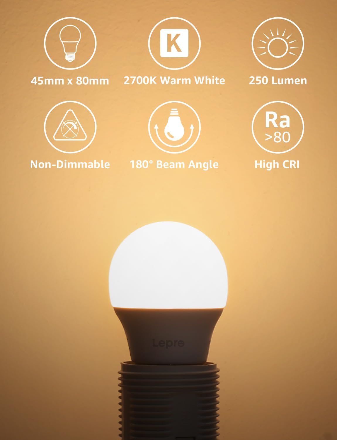 Thumbnail 1 de Lepro E27 Screw Bulb, Warm White 2700K – Pack of 5 (2.2W, 250 Lumen, 180°) Non-dimmable