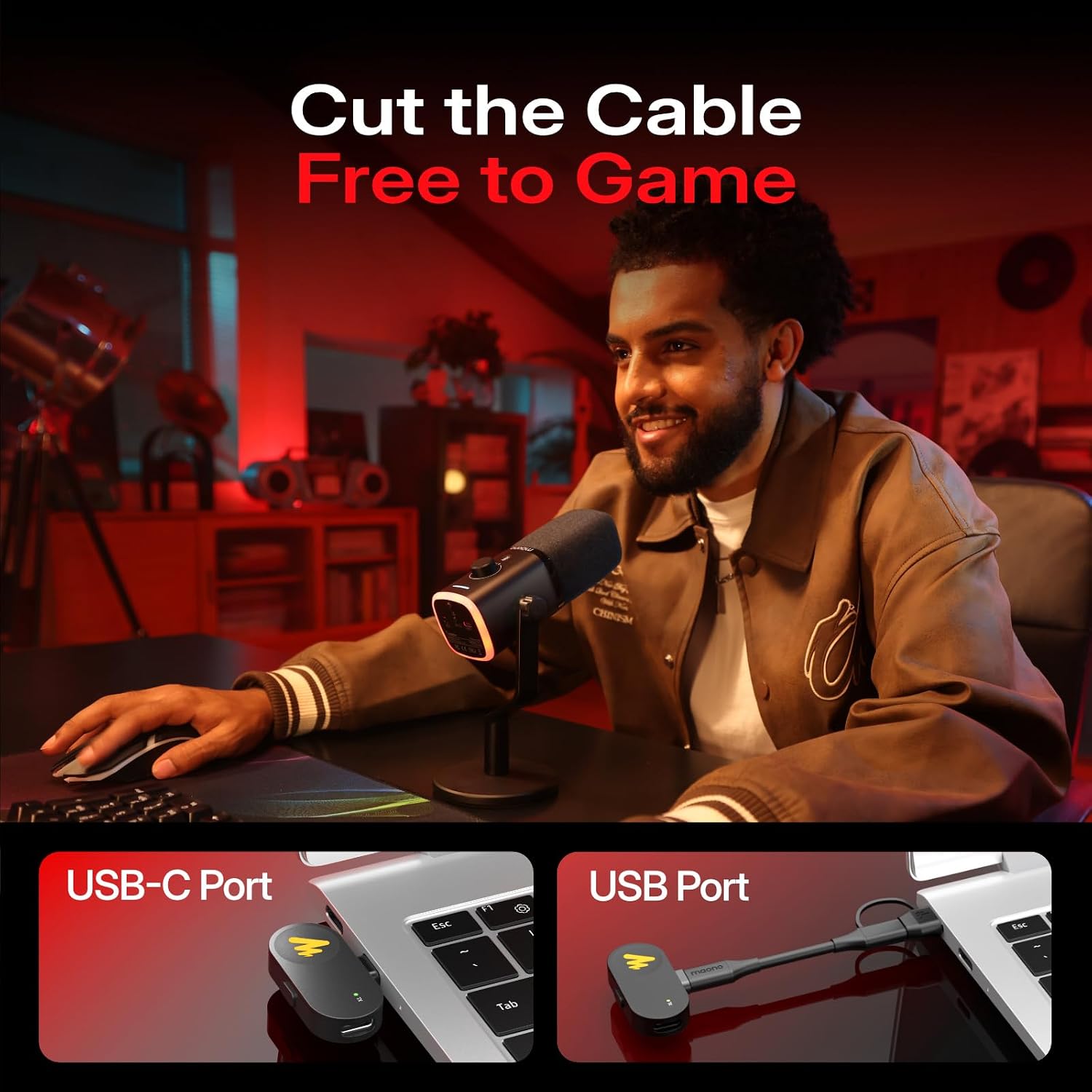 Detalle 2 de MAONO PD100W Wireless Dynamic Gaming Microphone with USB-C Receiver and Boom Arm
