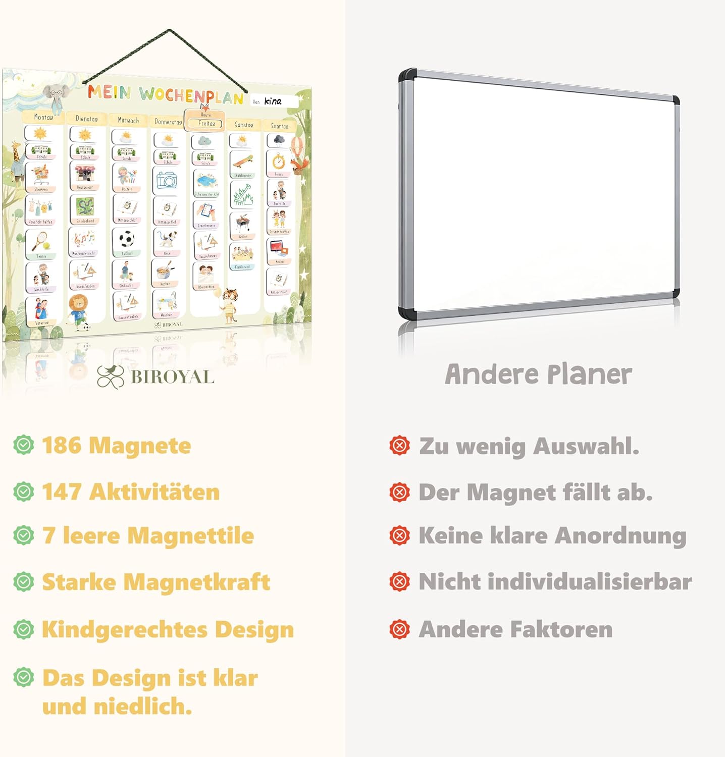 Thumbnail 4 de BIROYAL Wochenplaner für Kinder – Montessori Magnettafel mit 186 Magneten, beschreibbar und abwischbar