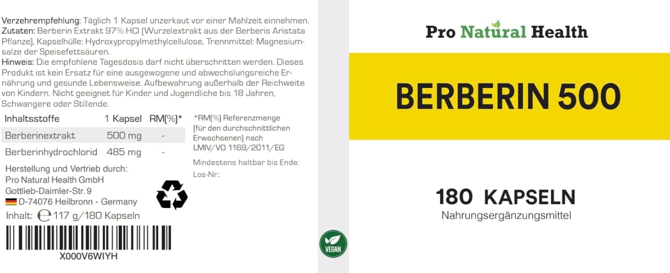 Thumbnail 1 de Berberin 500 mg (180 Kapseln) – veganes Nahrungsergänzungsmittel mit 97% Berberin-HCl, Made in Germany