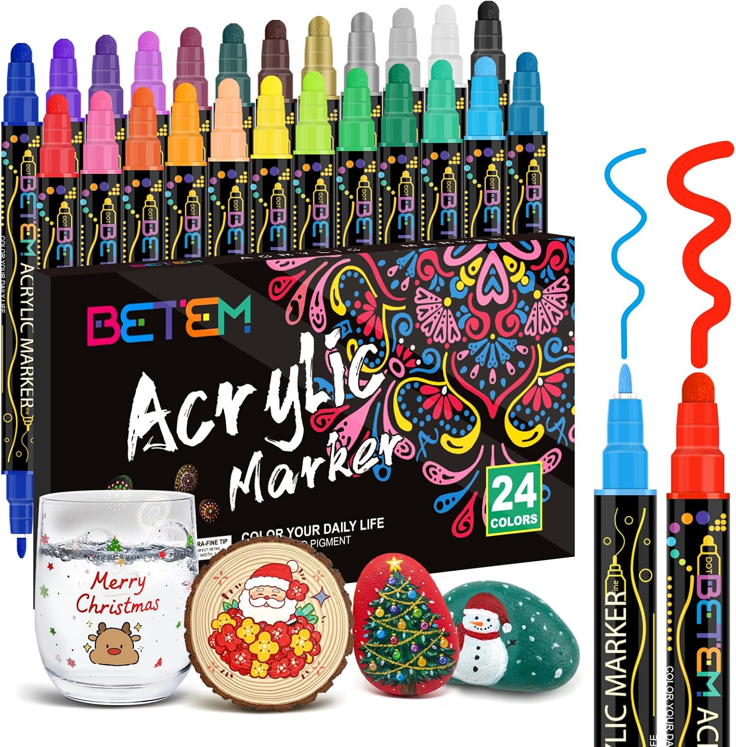 Detalle de Betem 24 Colors Dual Tip Acrylic Paint Pens Markers, Premium Colouring Pens for Rock Painting, Wood, Canvas, Stone, Glass, Ceramic Surfaces, Christmas Painting Kit DIY Crafts Making Art Supplies
Betem 24 Colors Dual Tip Acrylic Paint Pens Markers…