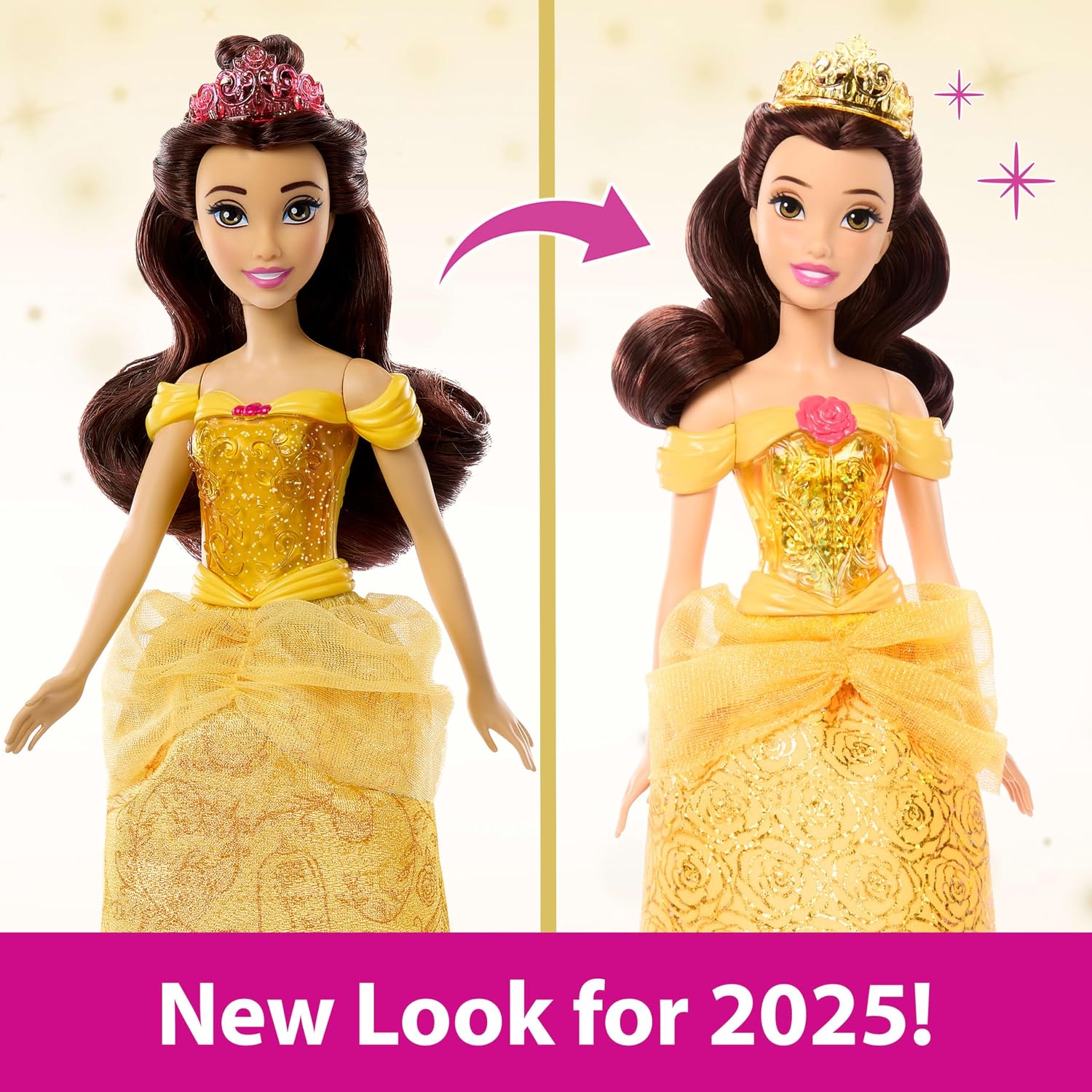 Detalle de Poupée Belle articulée Mattel Princesses Disney HLW11 avec tenue scintillante, diadème et chaussures amovibles