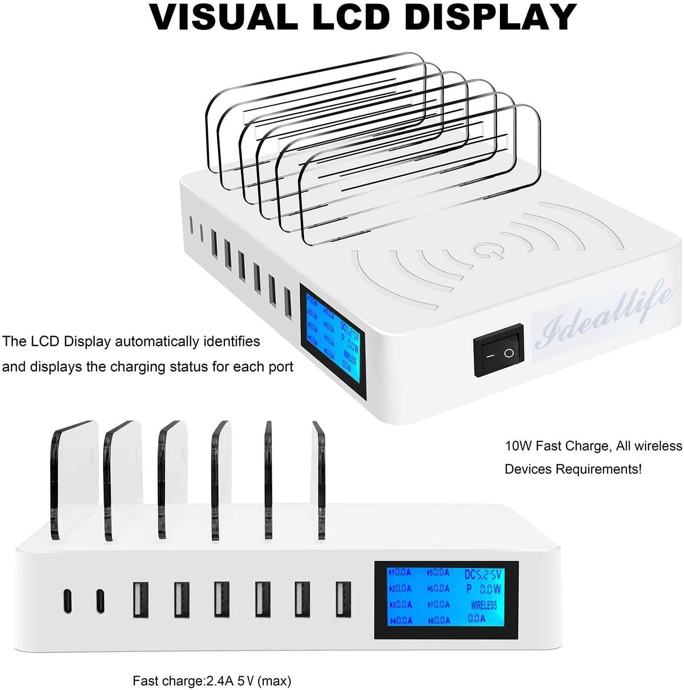 Thumbnail 4 de Stazione di ricarica multi-dispositivo: 8 porte USB + pad Qi, LCD e supporto regolabile