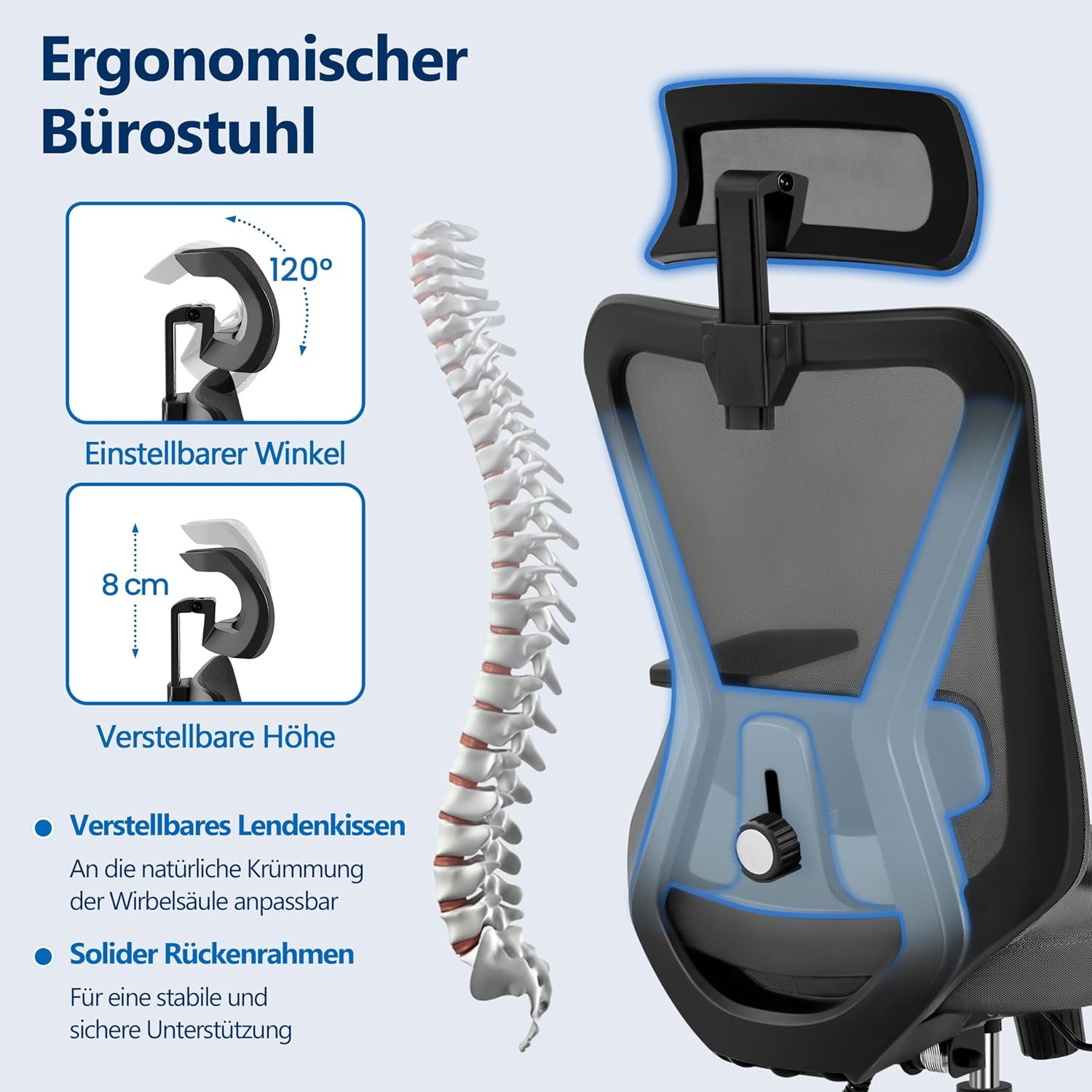 Detalle de Yaheetech Bürostuhl ergonomisch mit verstellbarer Kopfstütze, Armlehnen und 90°–130° Neigung