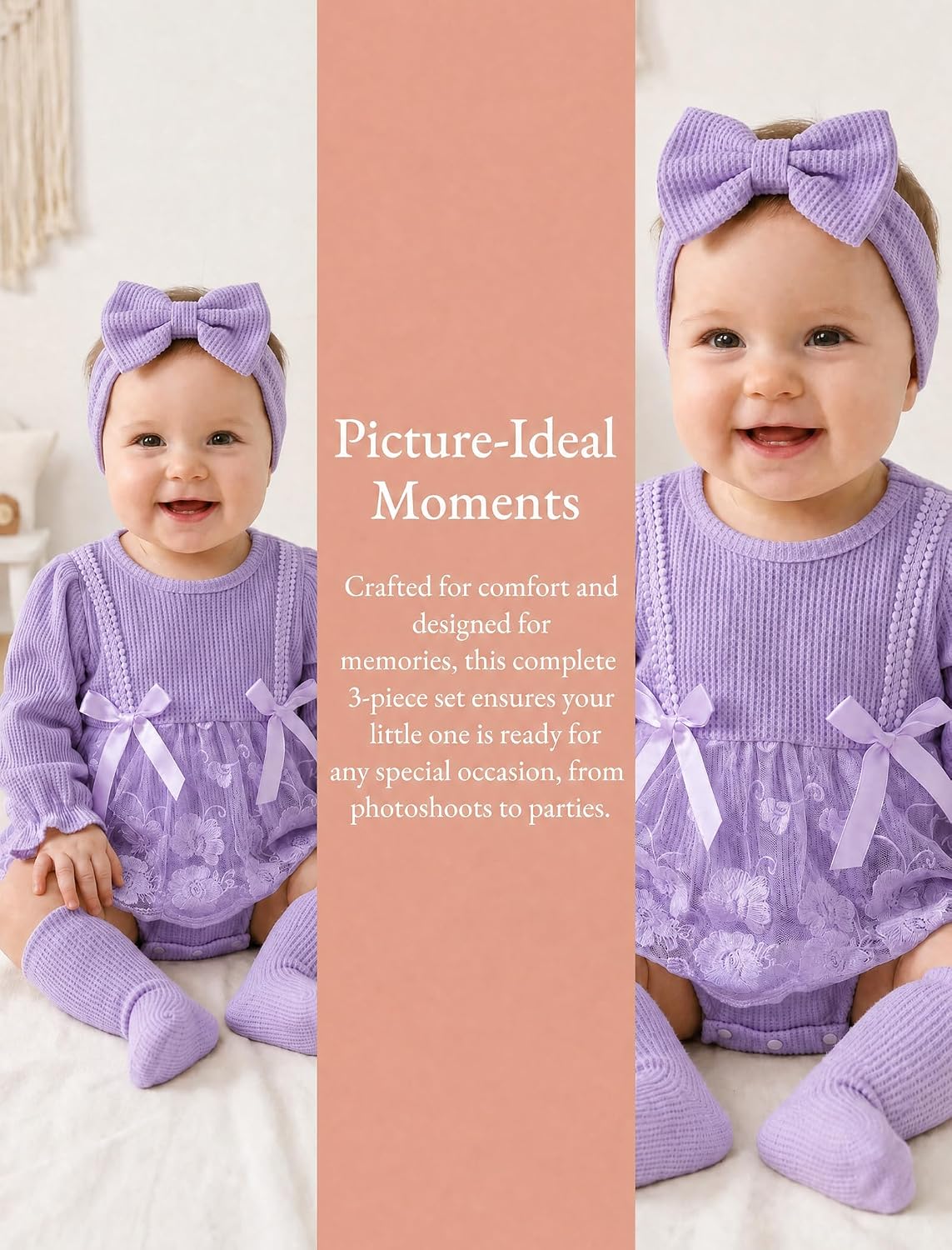 Detalle de JiAmy 3-delige babyjurk met lange mouwen, tule en bijpassende accessoires