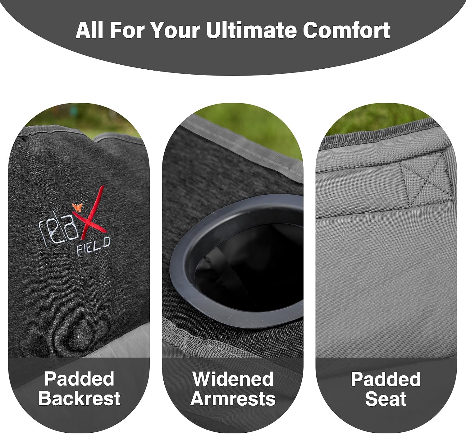 Thumbnail 4 de RELAX FIELD Set of 2 Oversized Camping Chairs for Adults – Heavy Duty, 200kg Capacity, Cup Holder & Cooler Bag (Grey)