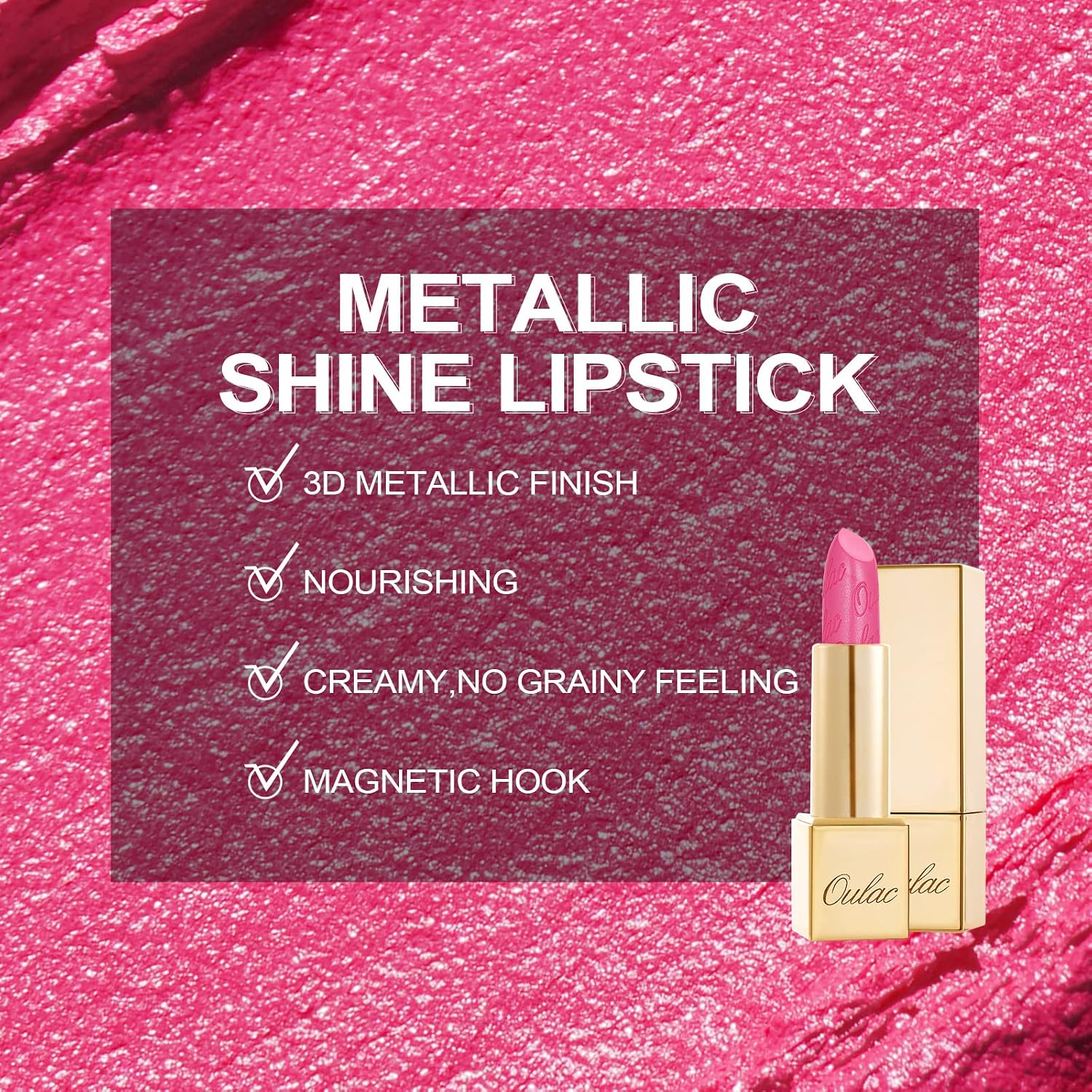 Detalle de Oulac Rossetto Metallizzato Lucido Rosa 17 Sweet Lolita – Finish 3D, pigmentazione intensa e formula idratante