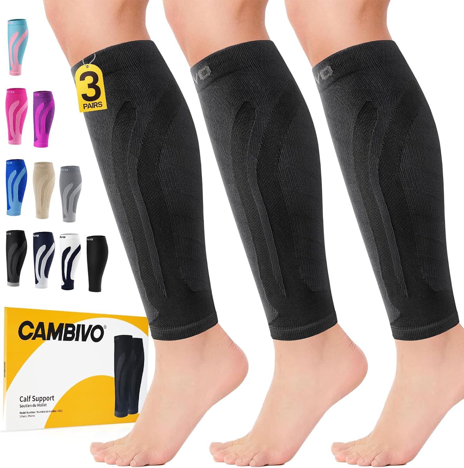 CAMBIVO 3-Pair Calf Compression Sleeves for Men & Women — Footless Shin Splint & Leg Pain Relief (1 Pair Available)