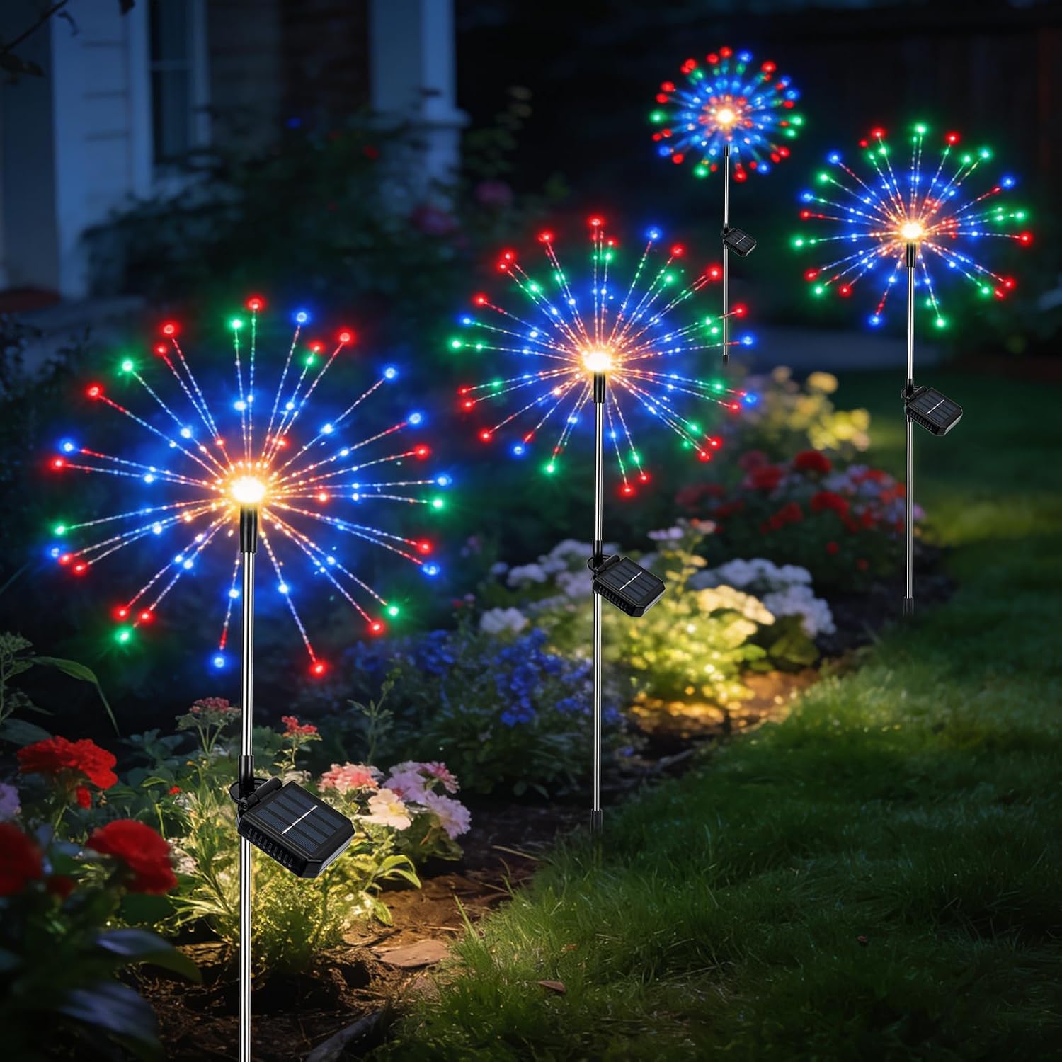 Detalle de Solar Lights Outdoor Garden Solar Firework Starburst Stake Lights (120 LEDs, 8 Modes) – 4 Packs, Warm White