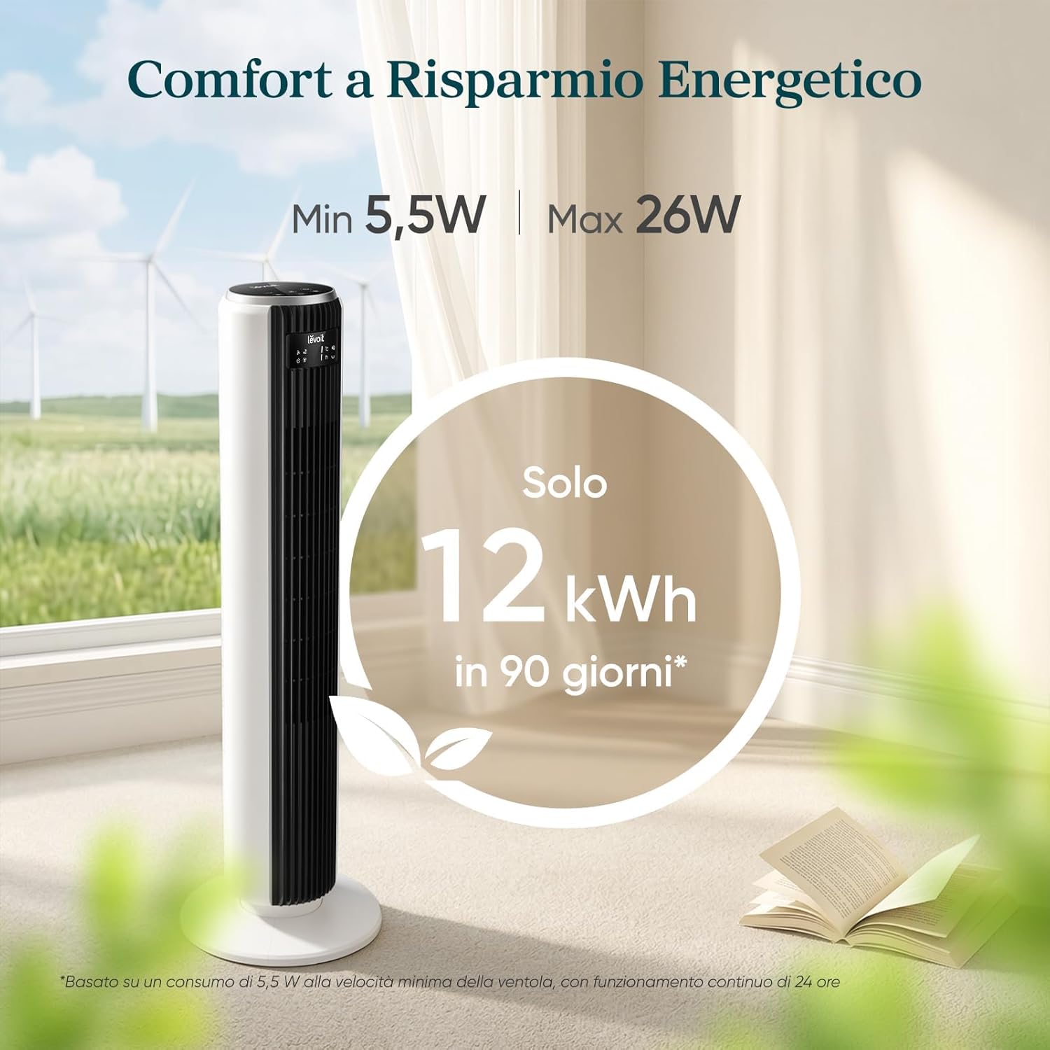 Detalle de LEVOIT Ventilatore a Torre 92 cm: silenzioso 20 dB, 7,9 m/s, 12 velocità