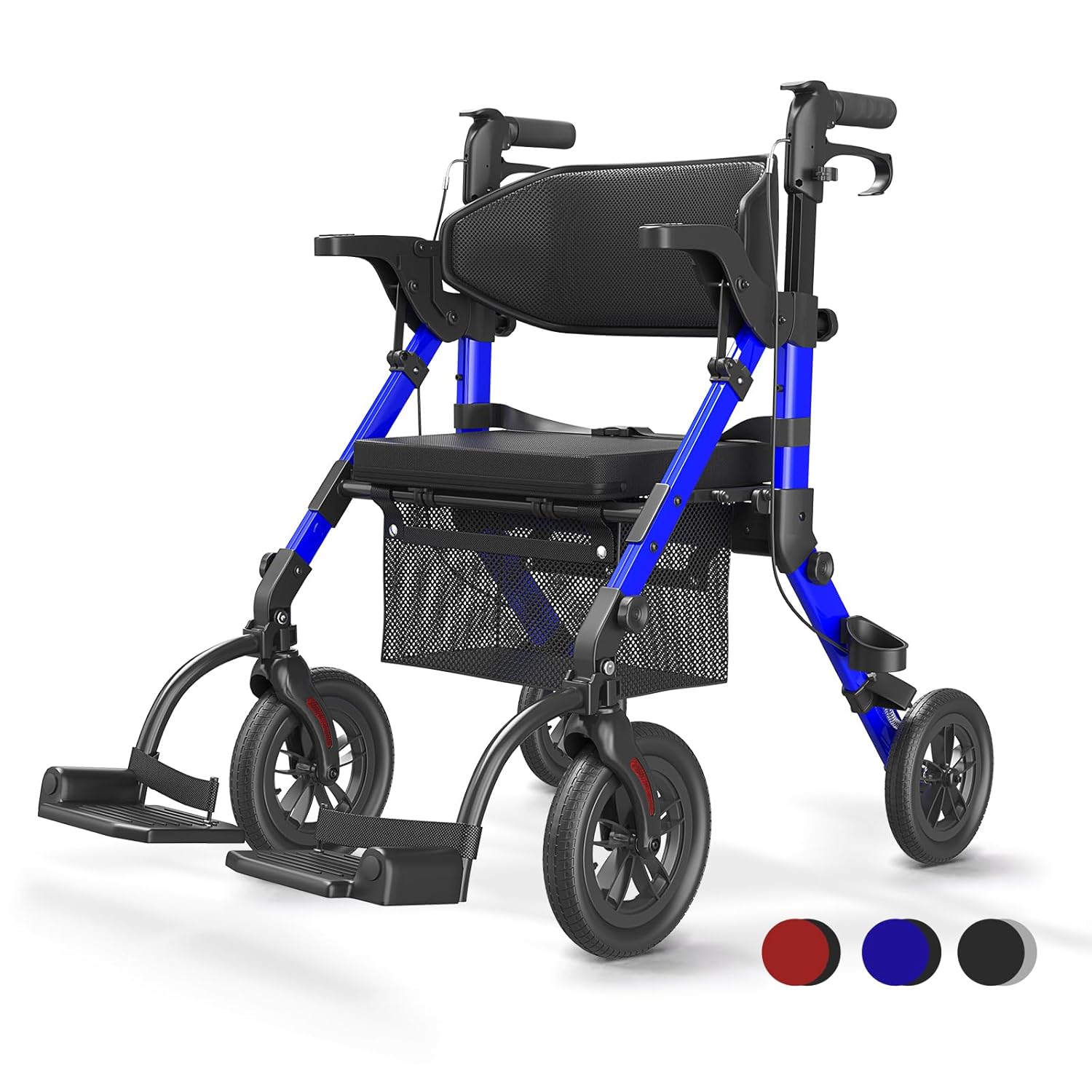 VOCIC 2 in 1 Rollstuhl Rollator – faltbar, leicht und outdoor-fähig mit Sitz, Aluminium, Blau