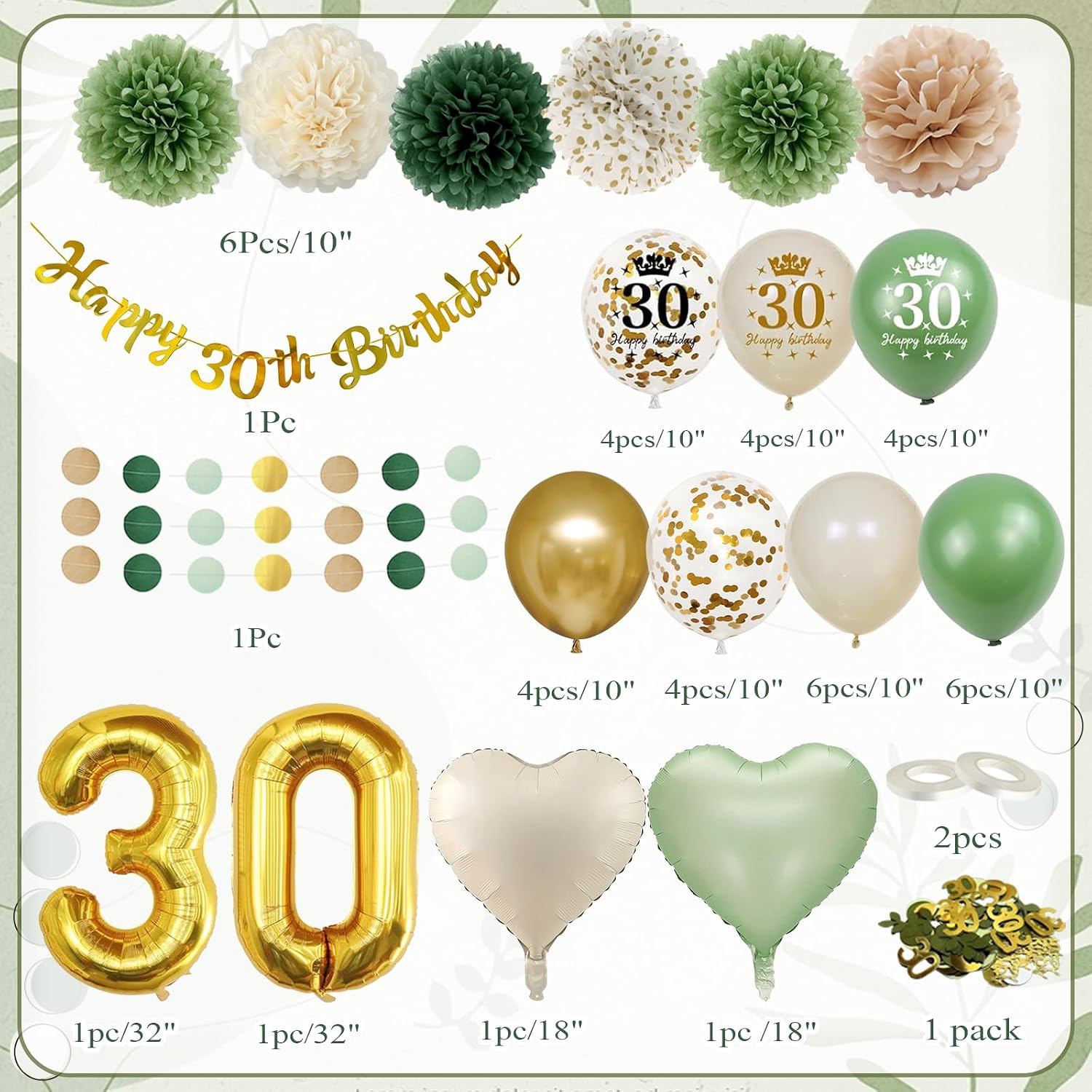Thumbnail 1 de 30th Birthday Green & Gold Balloon Decoration Set for Women & Men