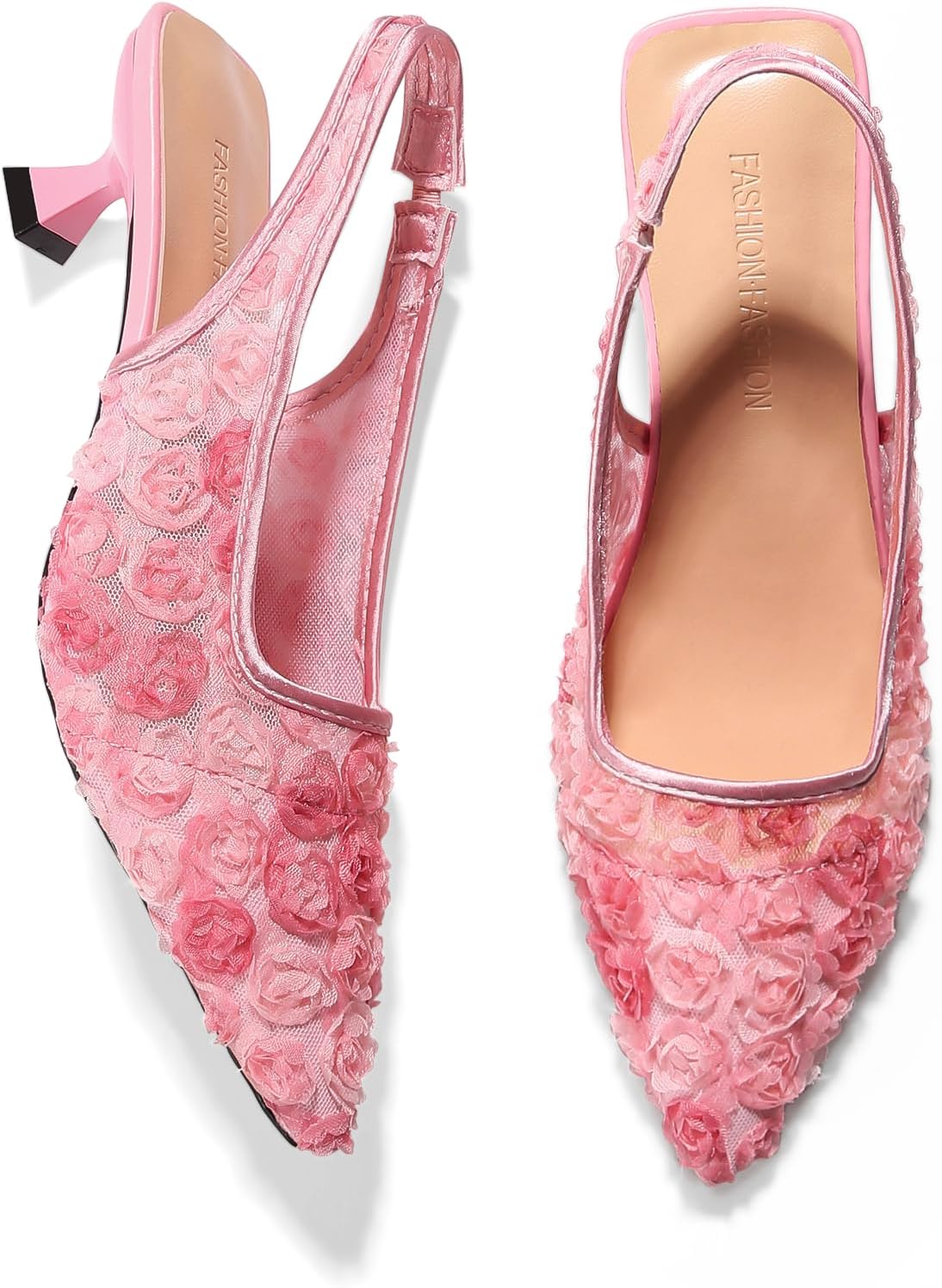 Detalle 2 de Elegant Lace Kitten Heels for Women – Slingback Pointed Toe Floral Mesh Dress Shoes