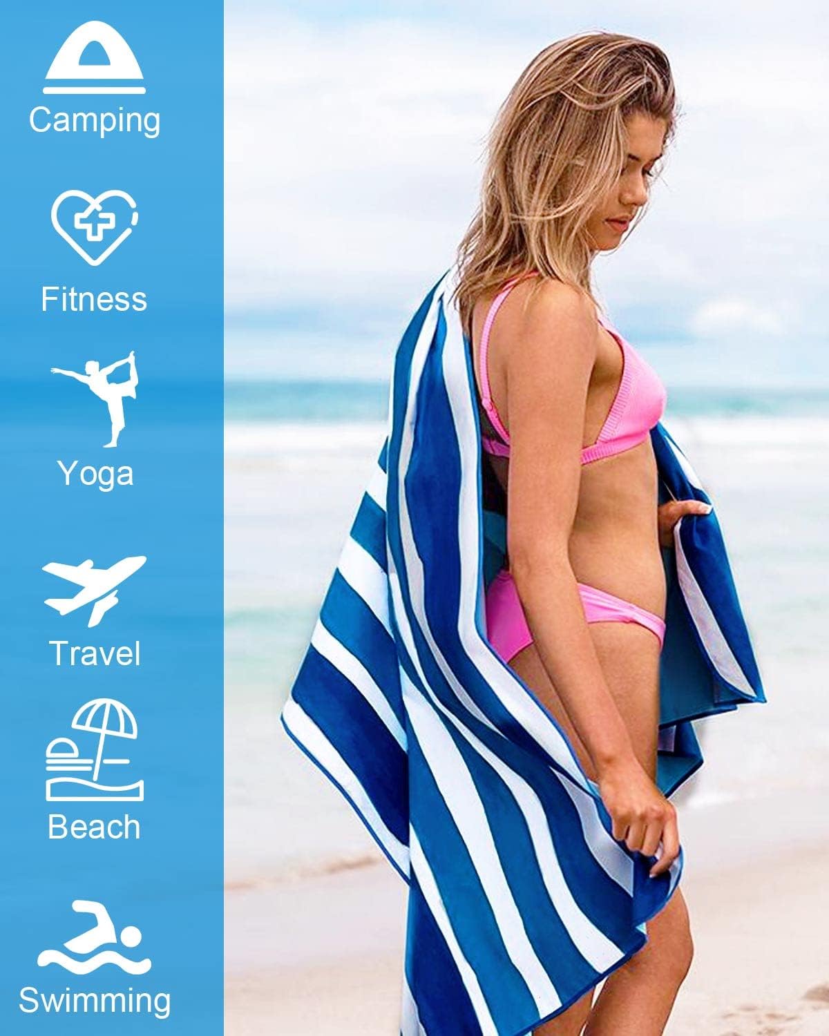 Thumbnail 3 de Victoper Oversized Microfiber Beach Towel with Quick-Dry Sand-Free Technology (63x35 Inch) – Blue Stripes