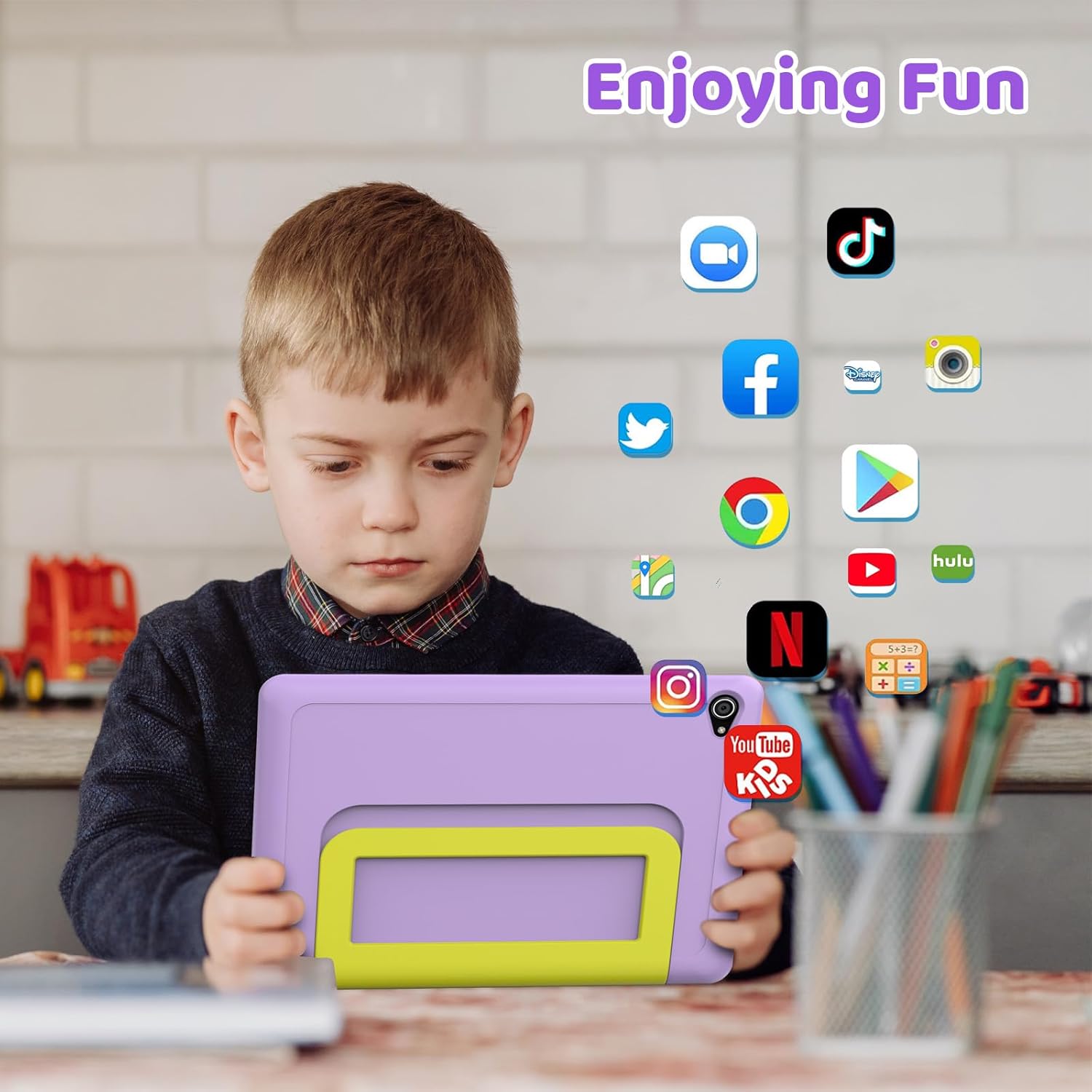 Detalle de MUISOO 10 Inch Kids Tablet (Android 14) with Octa-Core, 8GB RAM, 64GB Storage, 1TB microSD support, dual cameras & parental controls (Purple)