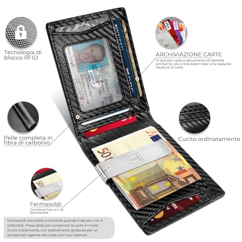 Detalle 2 de TEEHON Portafoglio Uomo RFID Blocking Slim in Pelle fibra di carbonio, 12 porte carte, ID window, fermasoldi – Nero