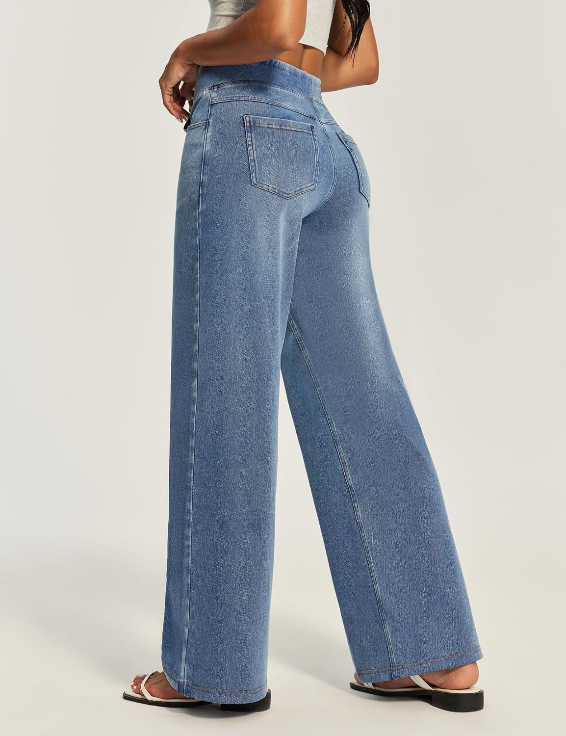 Detalle de IUGA High-Waisted Wide-Leg Pull-On Jeans for Women, Stretch Denim, 4 Pockets