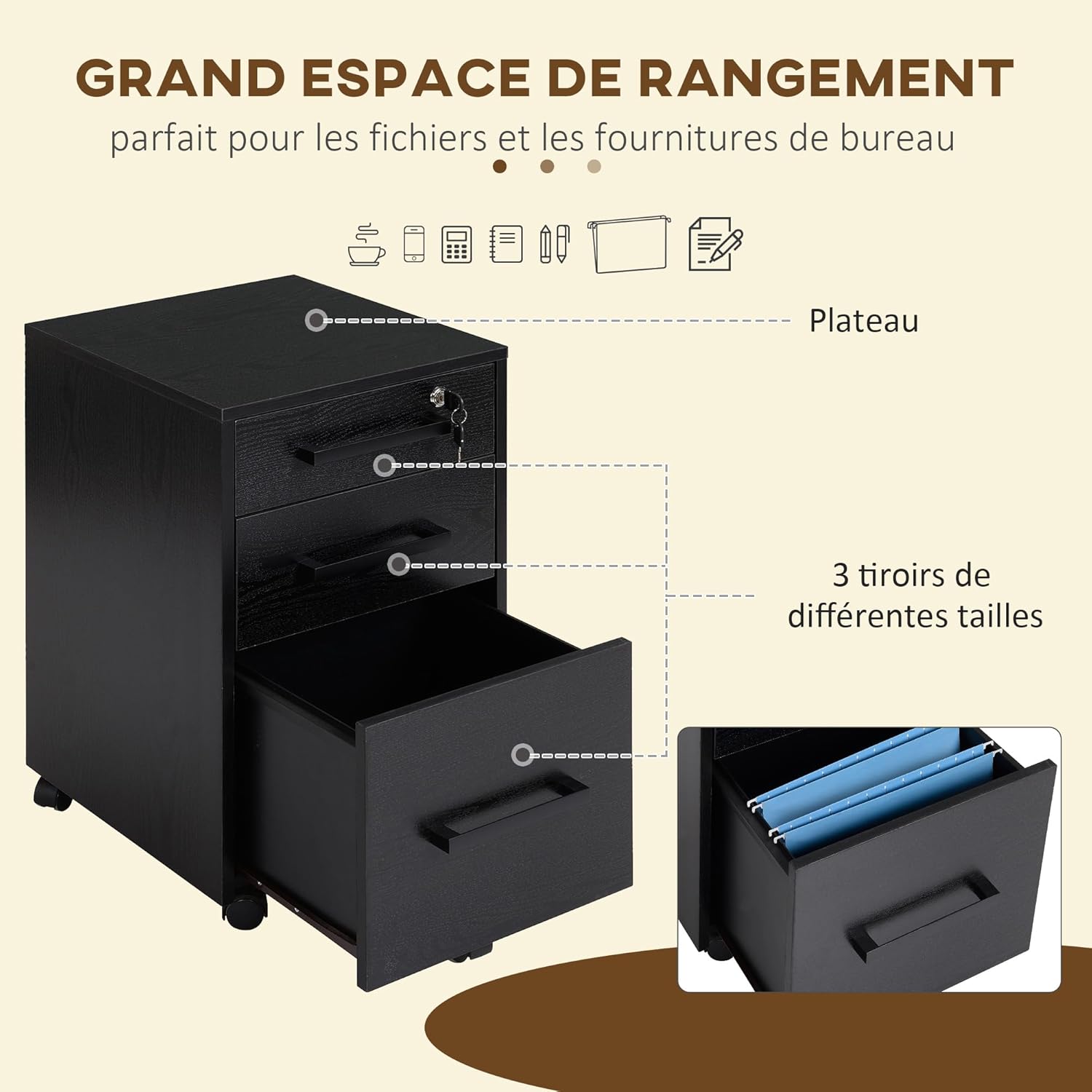 Thumbnail 4 de HOMCOM caisson de bureau à roulettes 3 tiroirs avec serrure